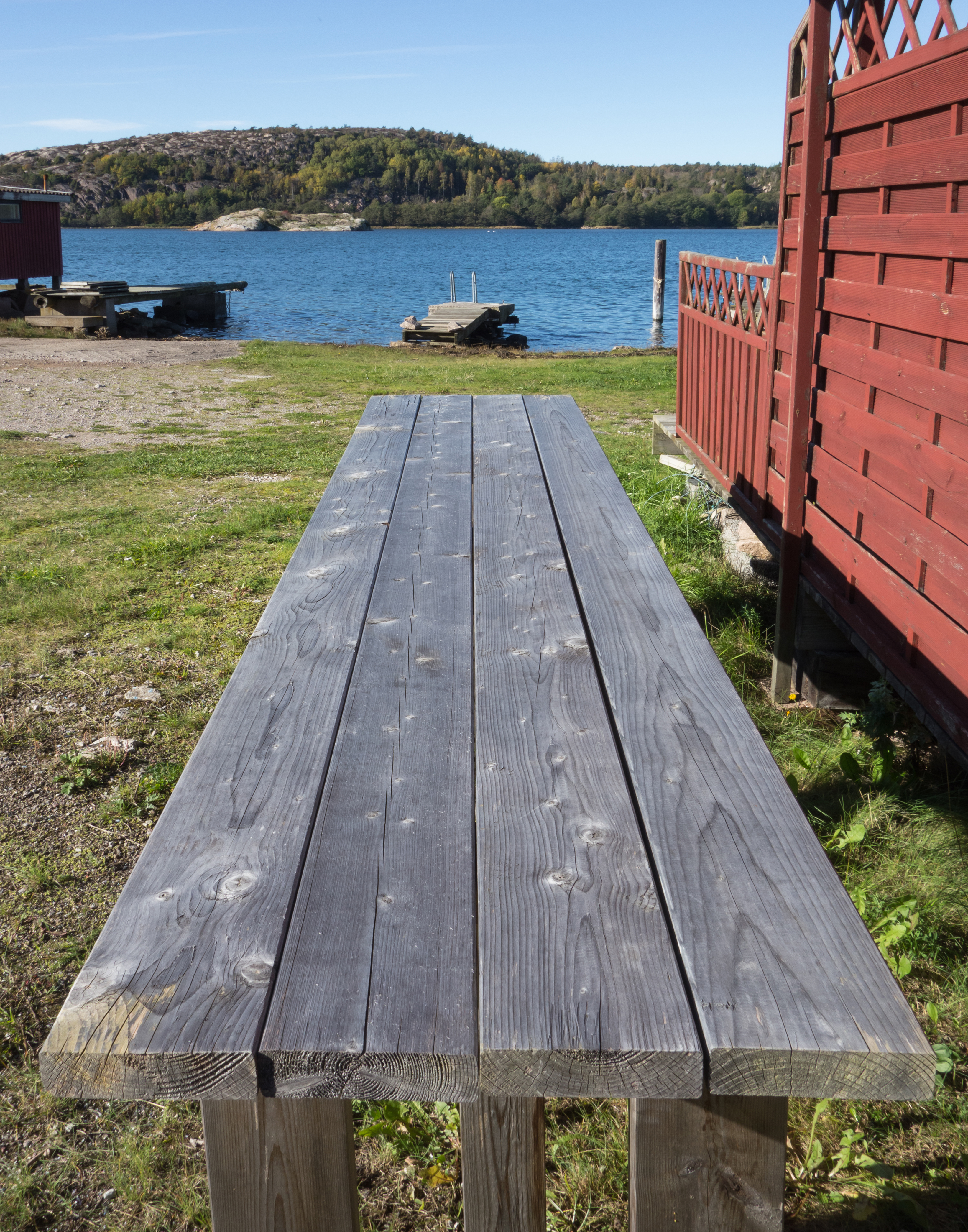 Long wooden table at Loddebo, Blue, Boat, Cliff, Fjord, HQ Photo
