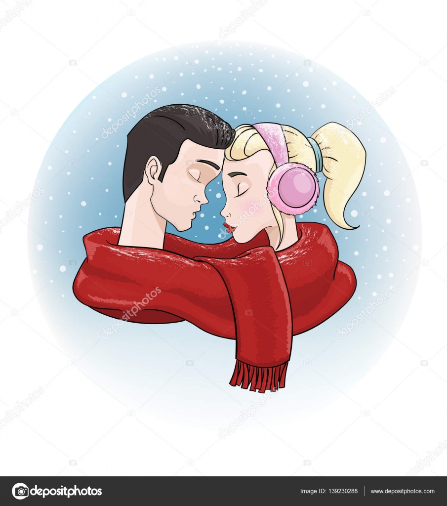 Valentine day. Couple in love united by scarf. Winter romance ...