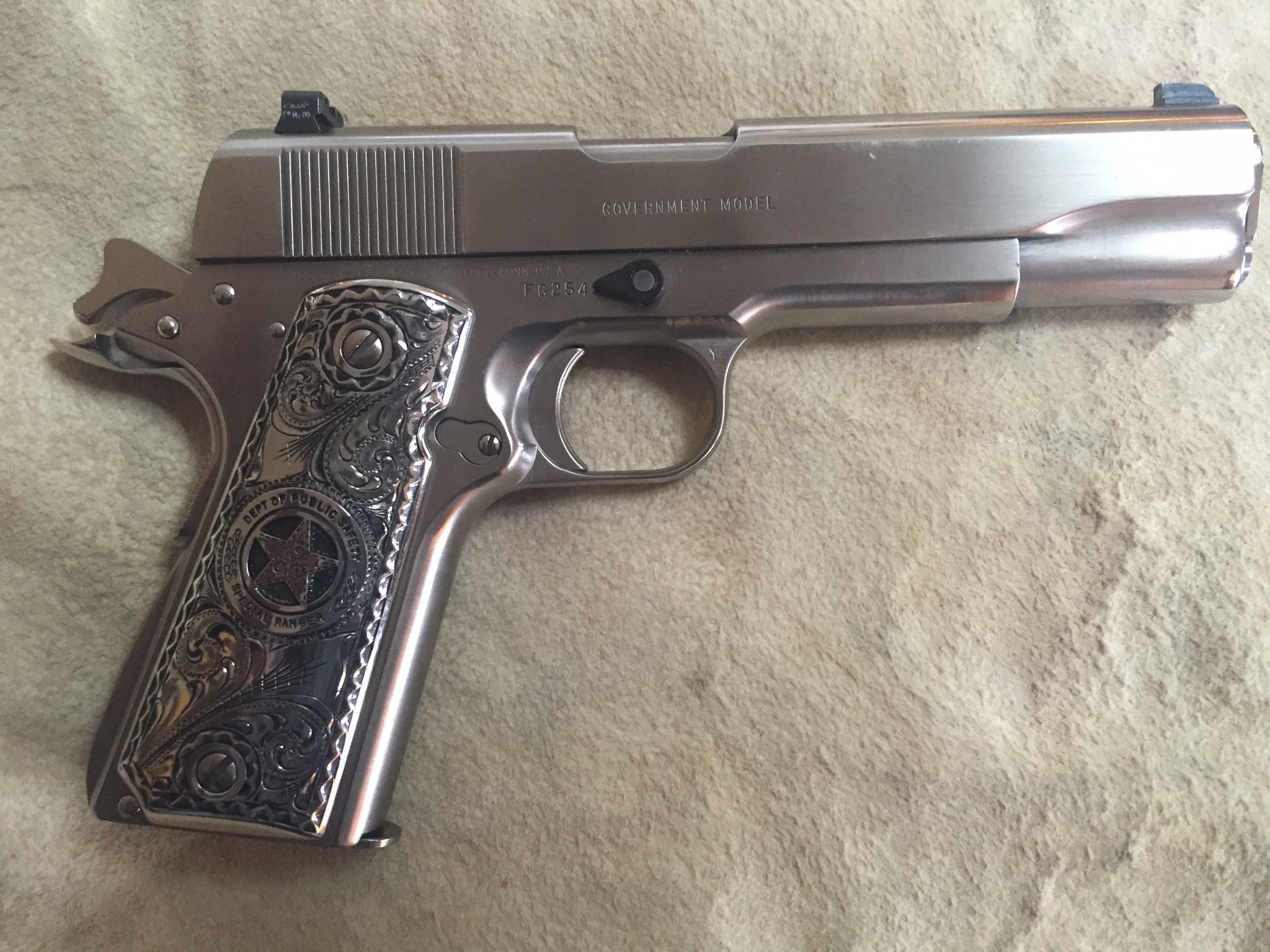 Colt 45 Government 1911. Custom german silver Special Ranger grips ...