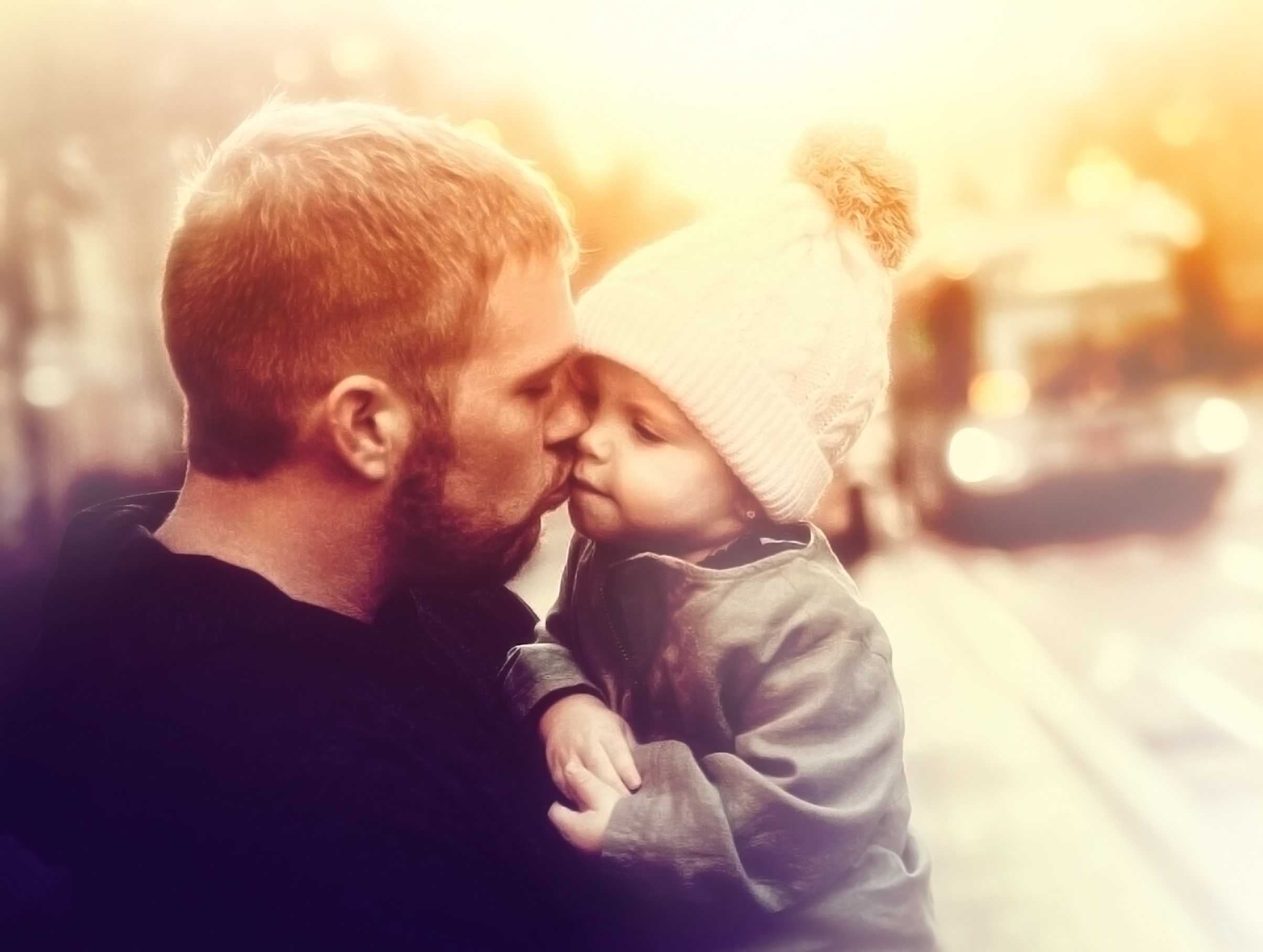 Loving Father Kissing Baby Girl - Colorized, Away, Outdoors, Picnic, Pickingup, HQ Photo