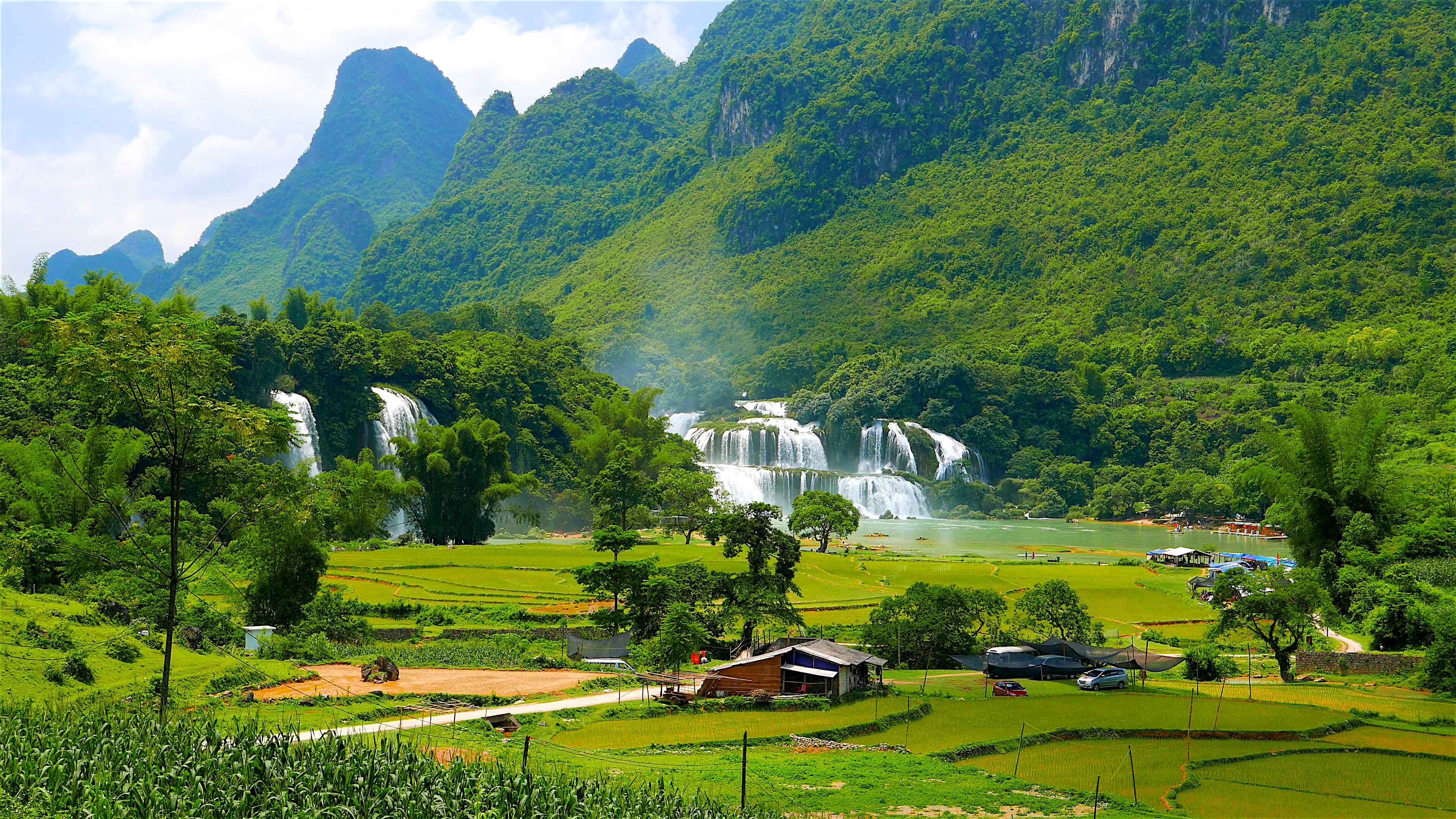 Ban Gioc Waterfall in lush green valley with rice fields. 4K ...