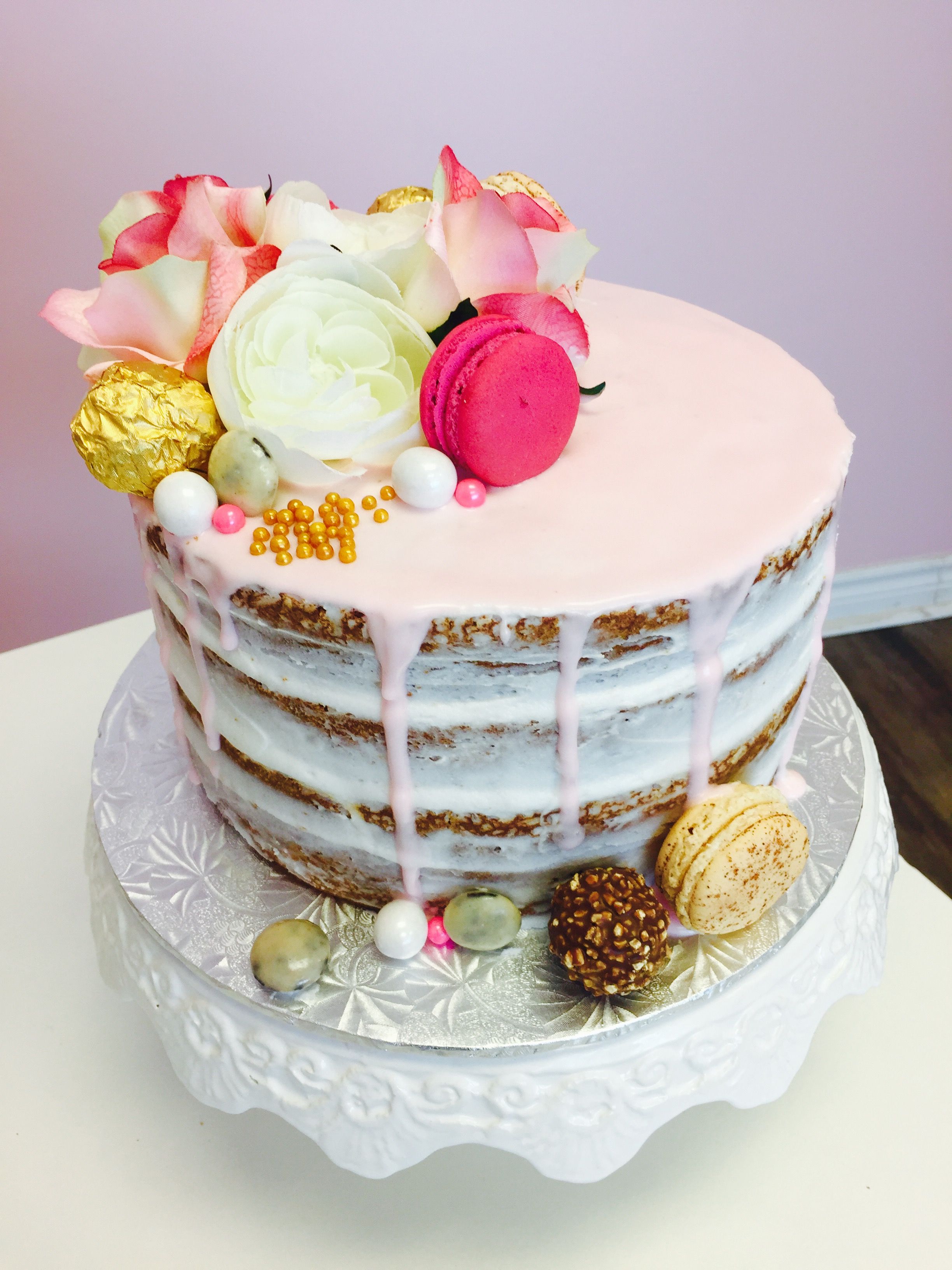Naked Cake Birthday Cake with Flowers & Macaroons #DvasCakes ...