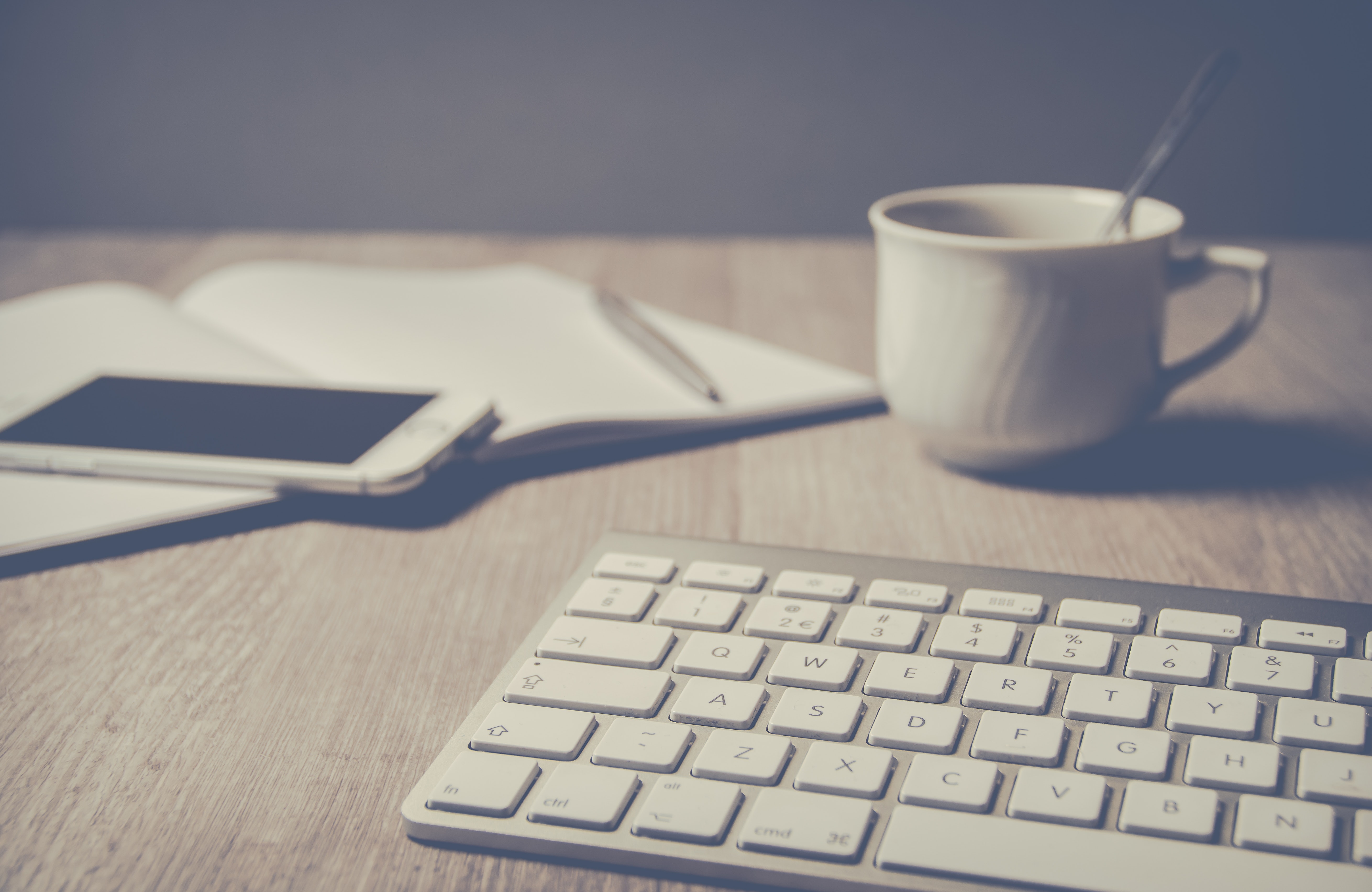 Magic Keyboard Beside Coffee Mug on Desk, Ballpen, Mobile, Work space, Work area, HQ Photo