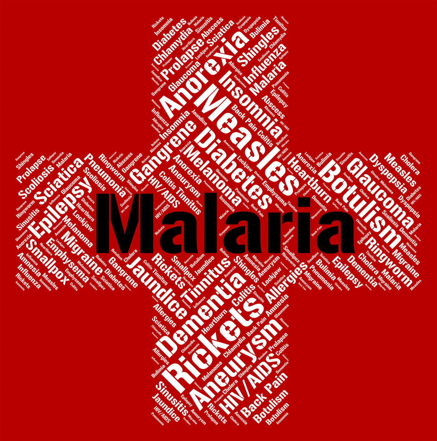 Malaria word shows ill health and disability photo