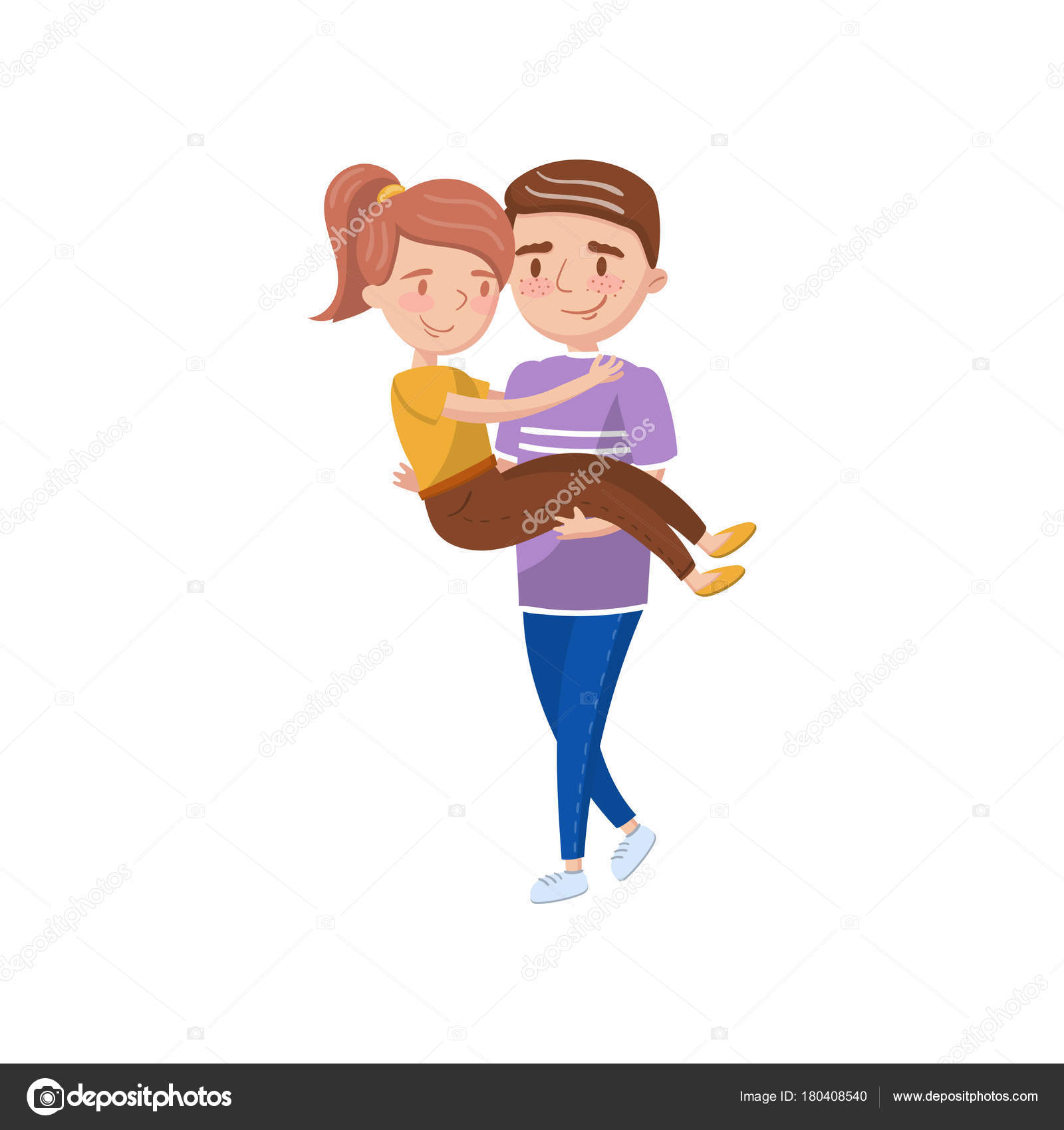 Young man carrying woman on hands, happy couple dating cartoon ...