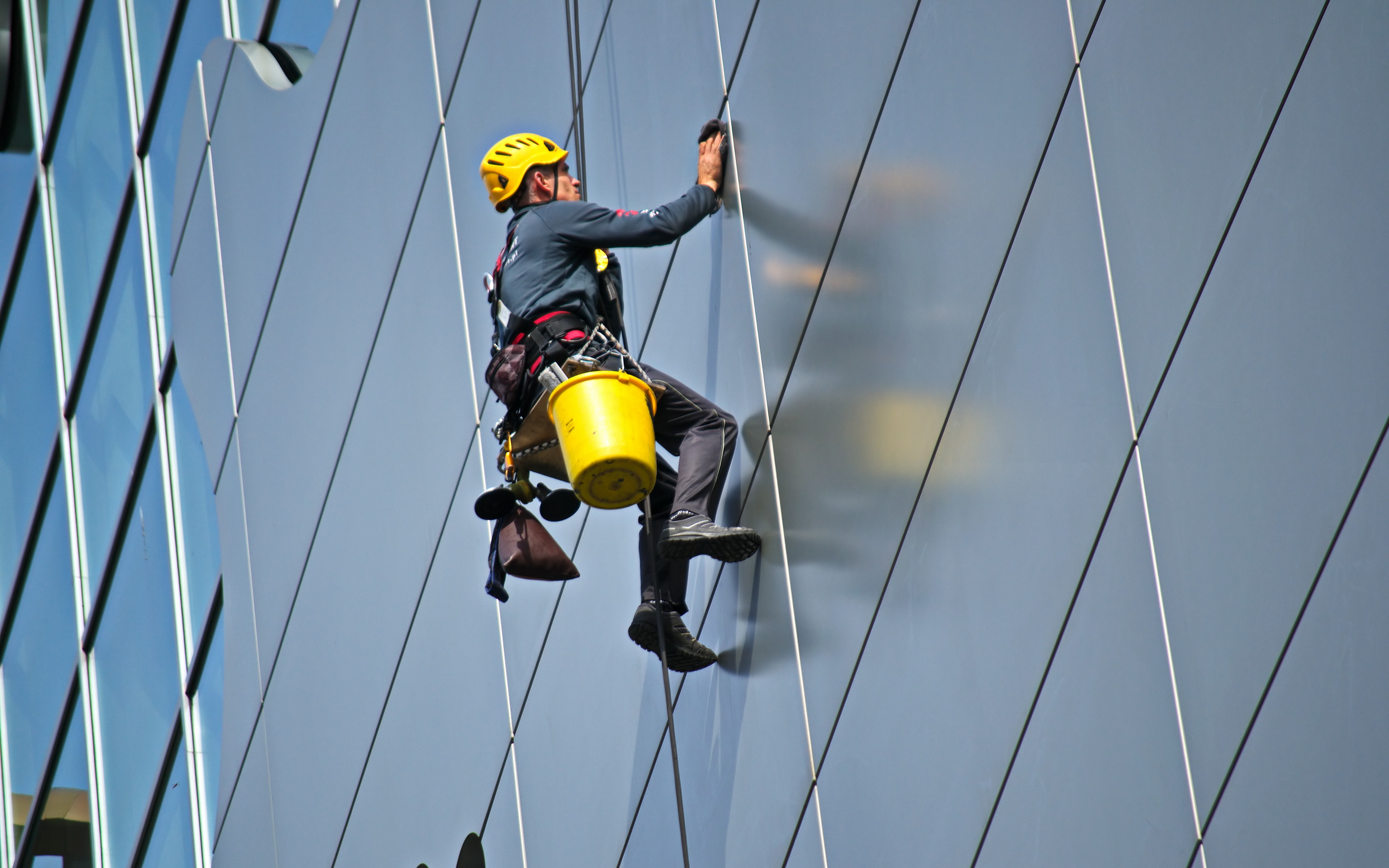 Man Cleaning the Glass of Building, Bucket, Rappelling, Worker, Work, HQ Photo