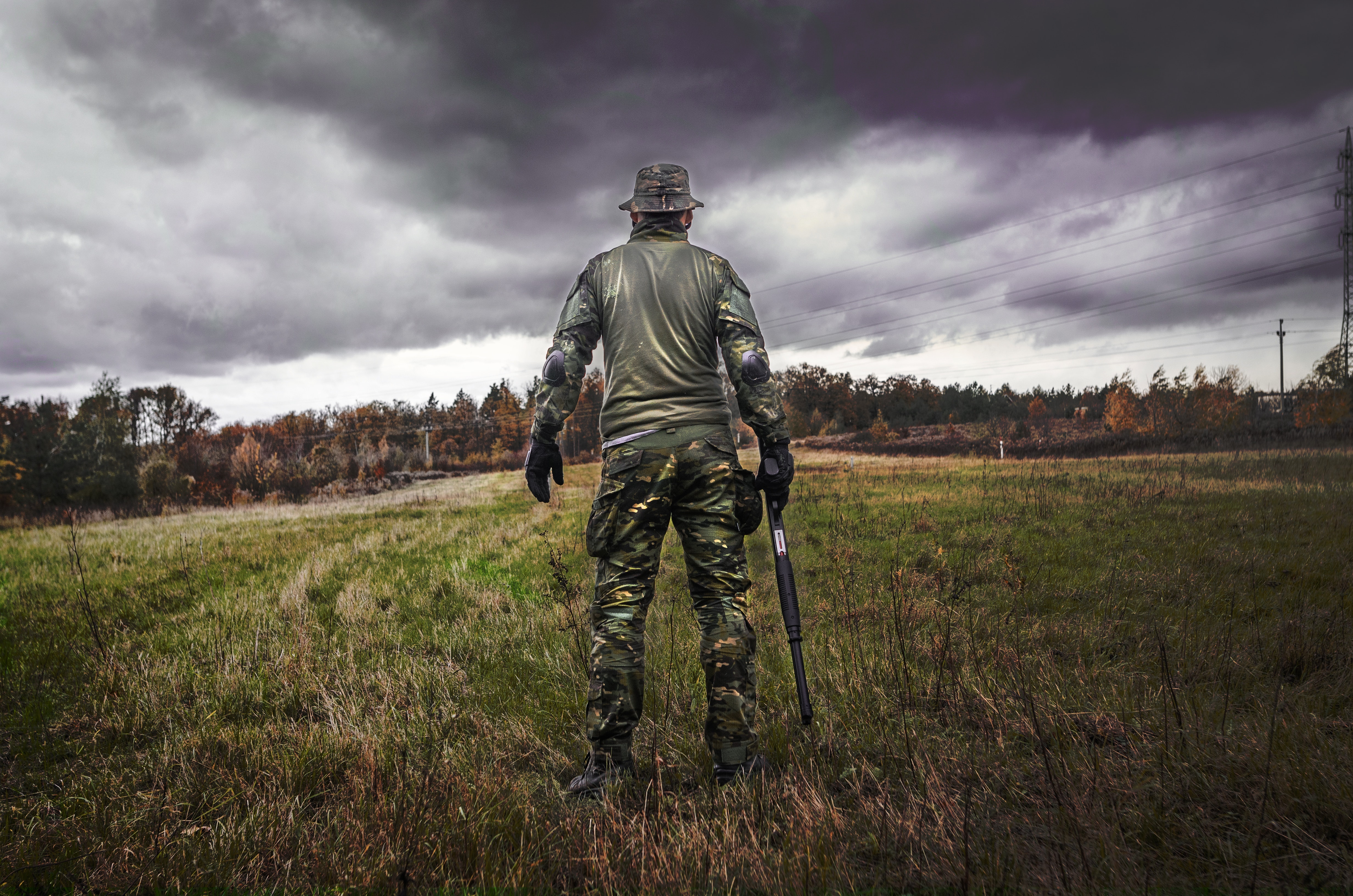 Man in Camouflage Suit Holding Shotgun, Adult, Helmet, Uniform, Solo, HQ Photo