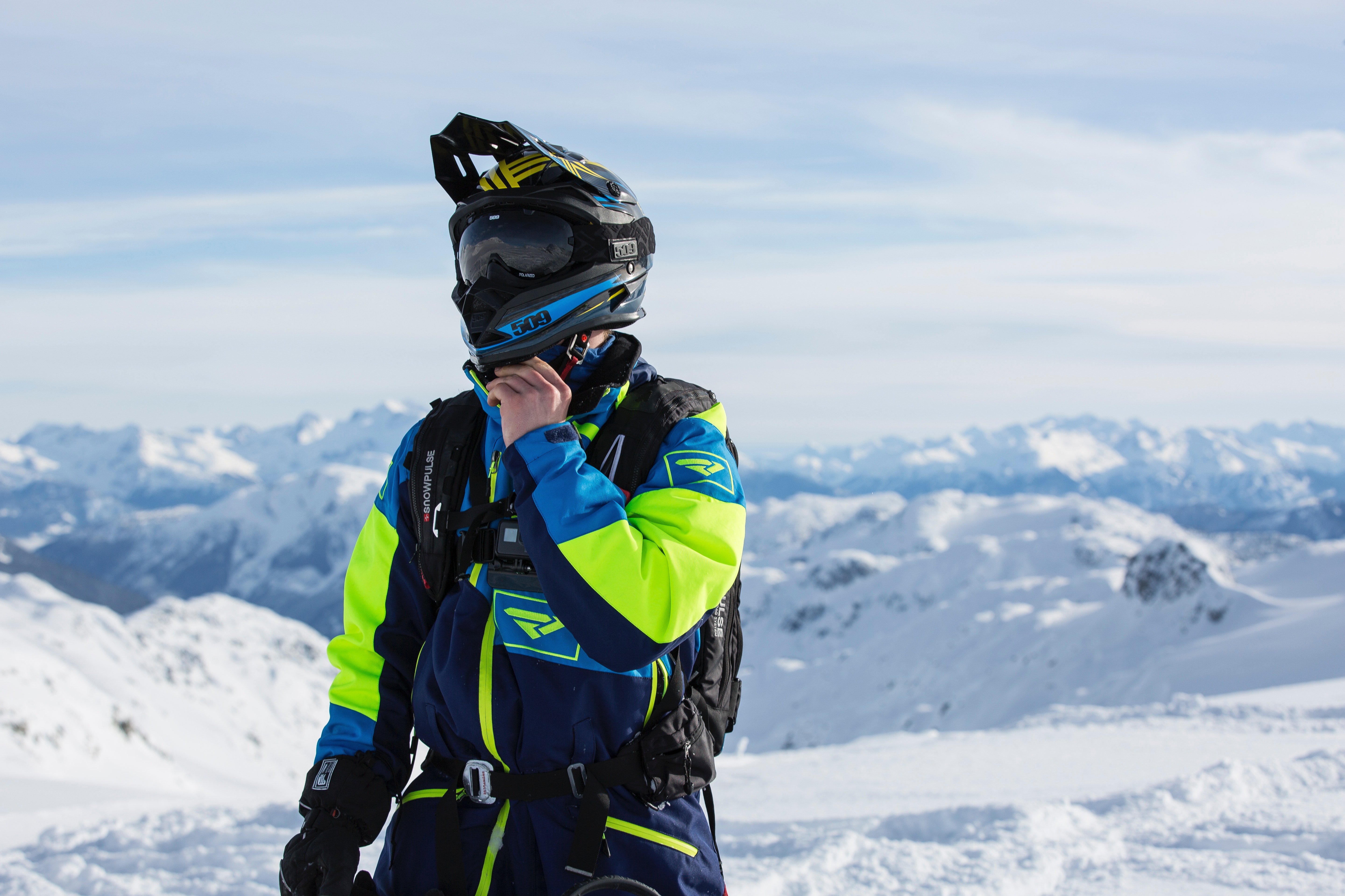 Man in Green and Blue Jacket Standing on Winter Season, Sky, Mountain summit, Outdoors, Peak, HQ Photo