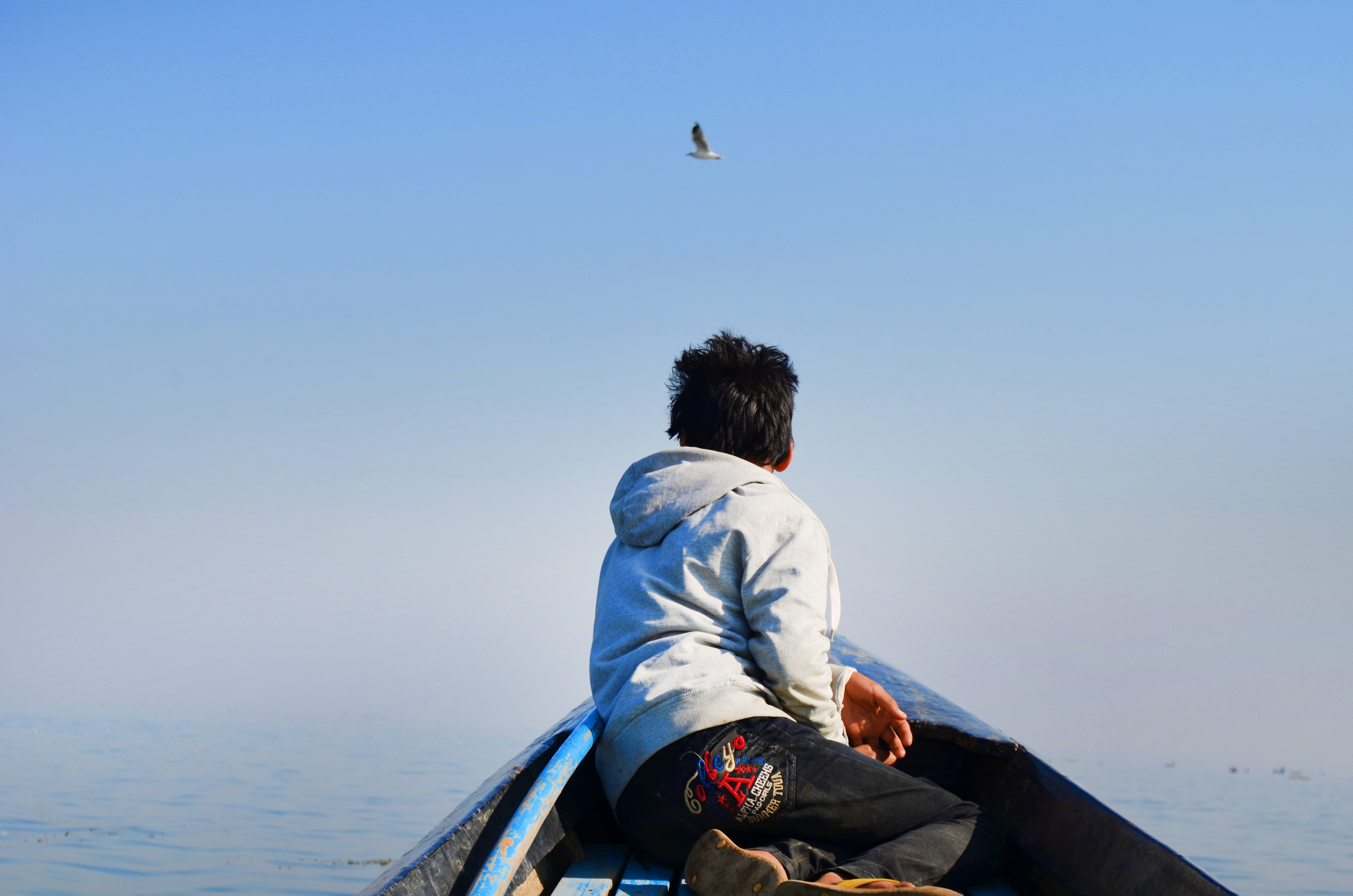 Man in grey hoodie and black pants sitting in the middle of boat looking at bird in the sky photo