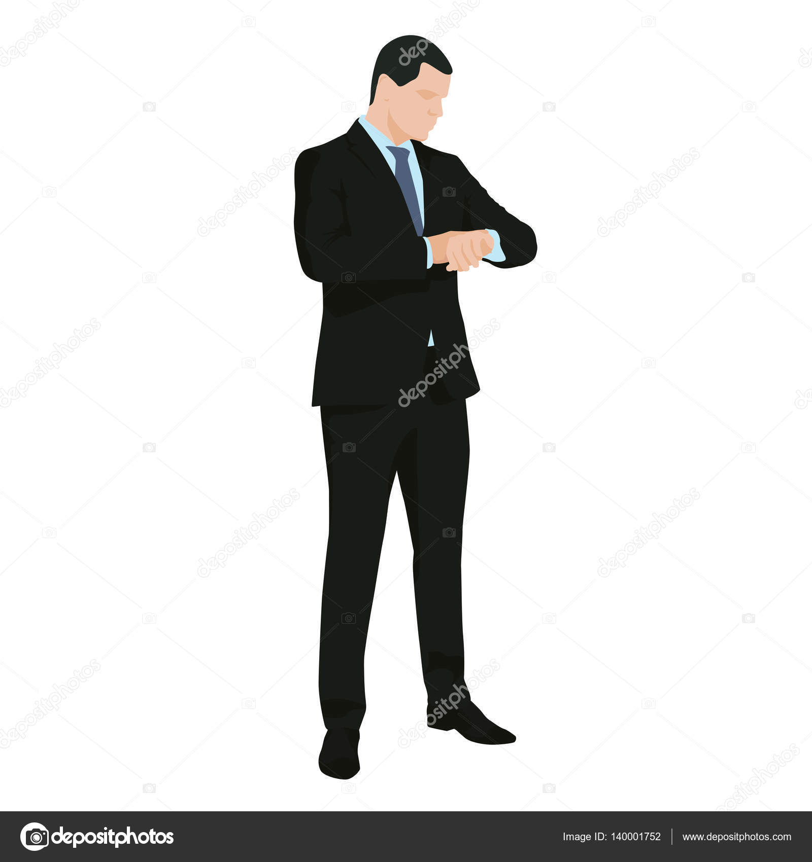 Business man in suit standing and checking his watch, flat desig ...