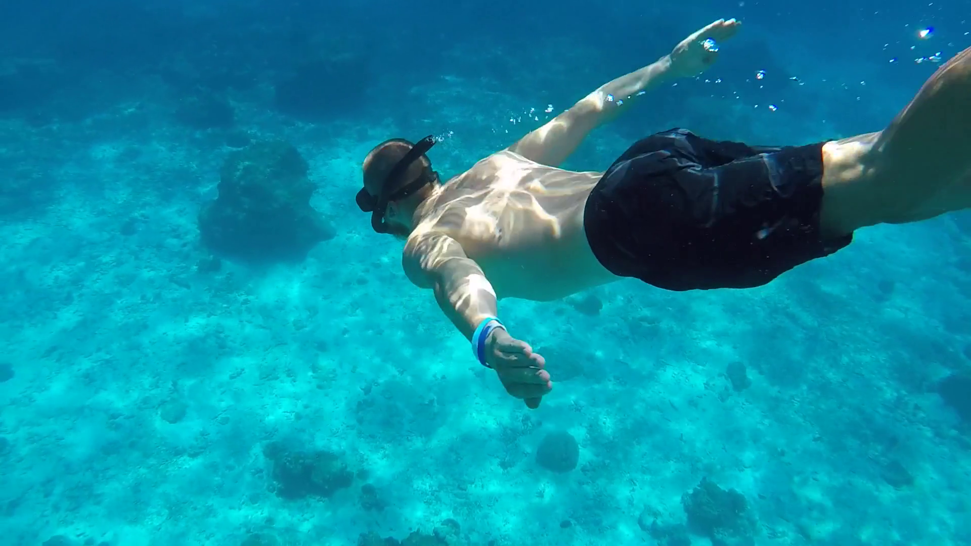 Young Man Diving Deep in Clear Blue Water. Snorkeling Guy HD ...
