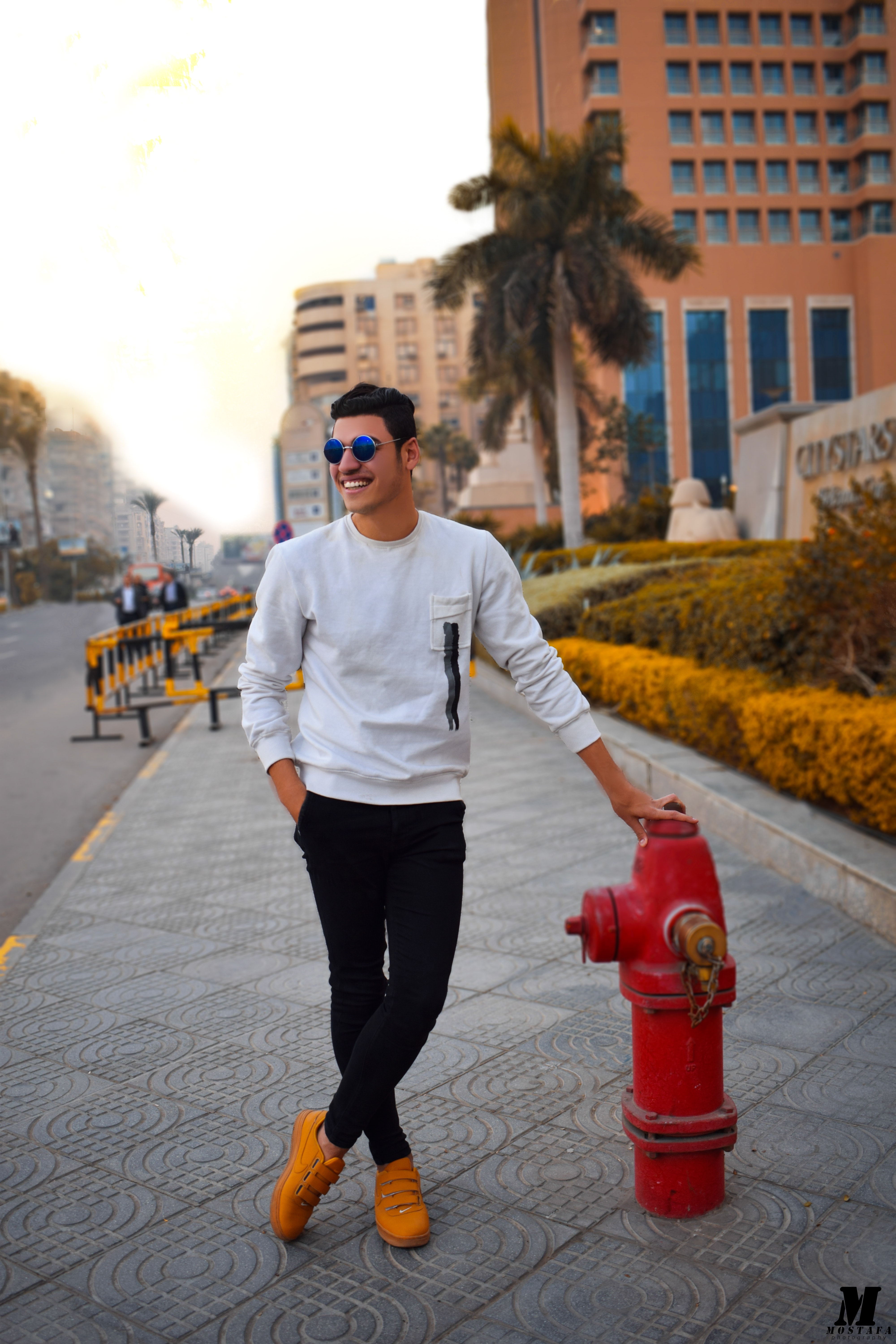 Man in White Long-sleeved Shirt Holding Red Fire Hydrant, Buildings, Person, Urban, Sunglasses, HQ Photo