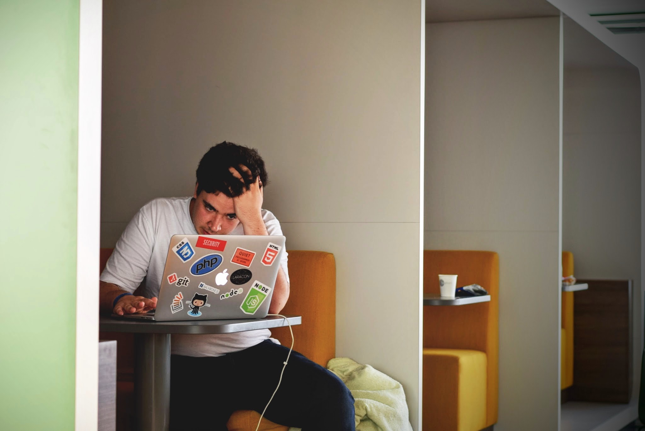 Man in White Shirt Using Macbook Pro, Annoyed, Person, Work, Struggling, HQ Photo