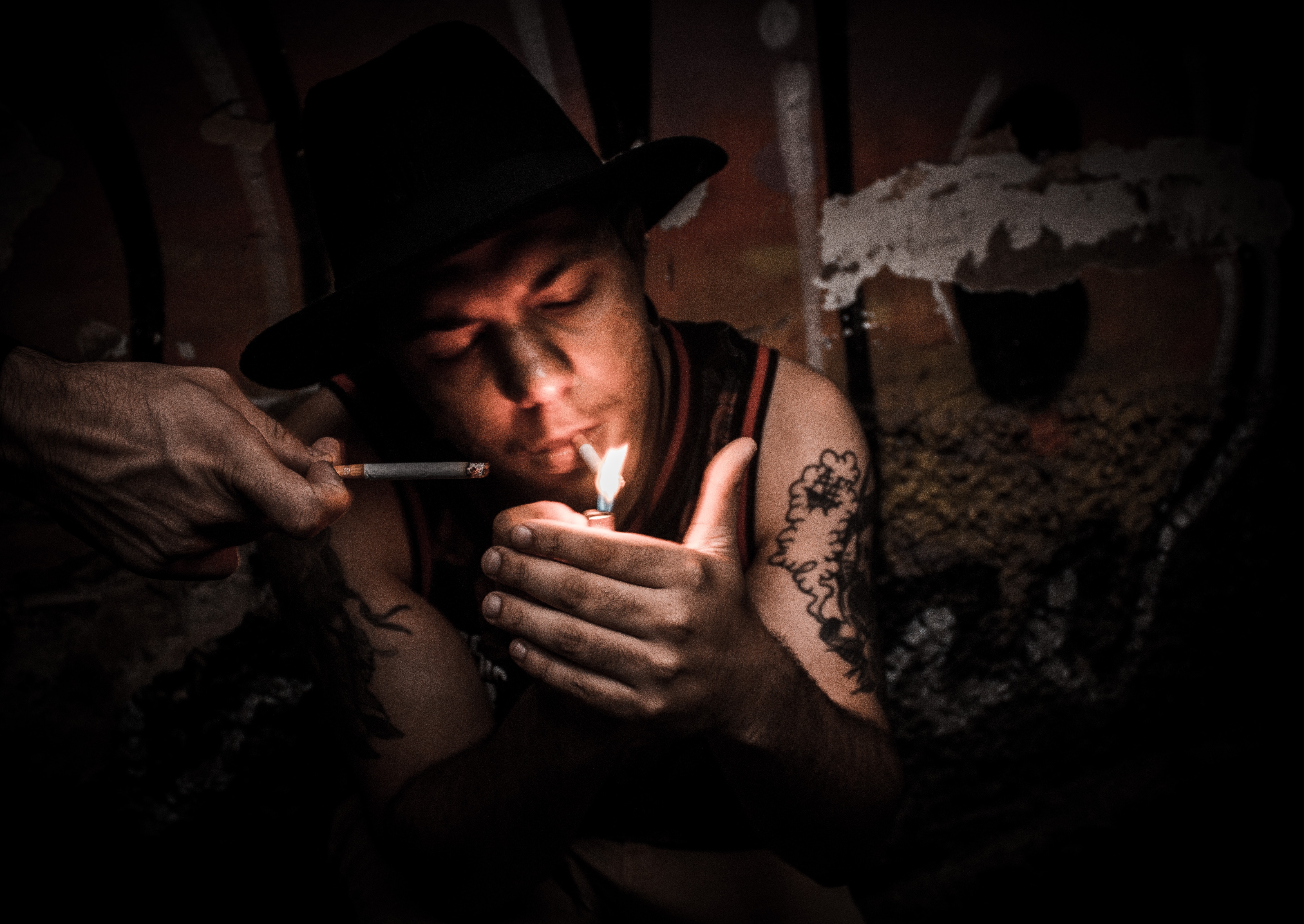 Man lighting cigarette photo