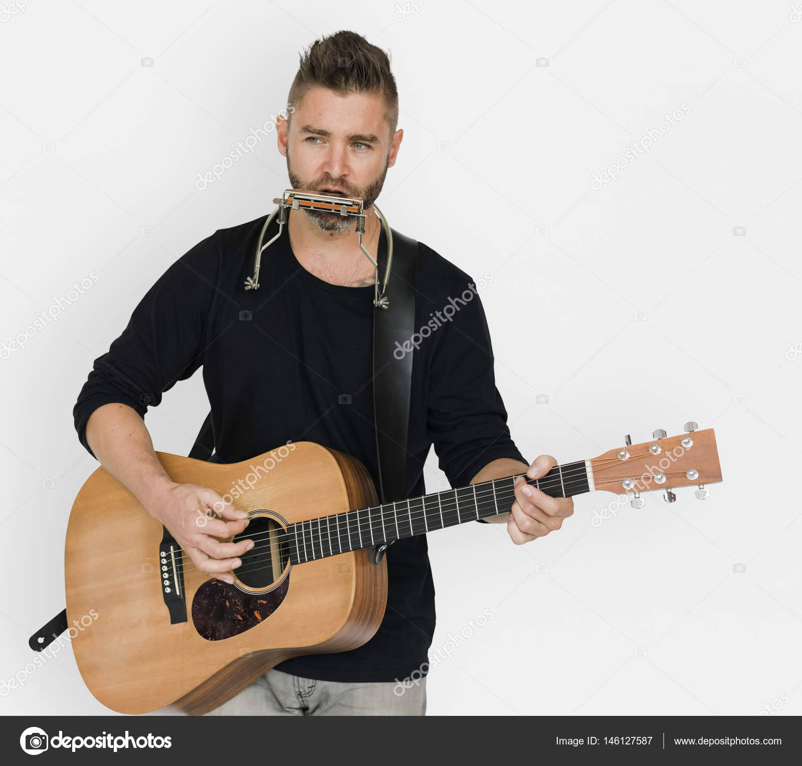man Playing Guitar and Harmonica — Stock Photo © Rawpixel #146127587