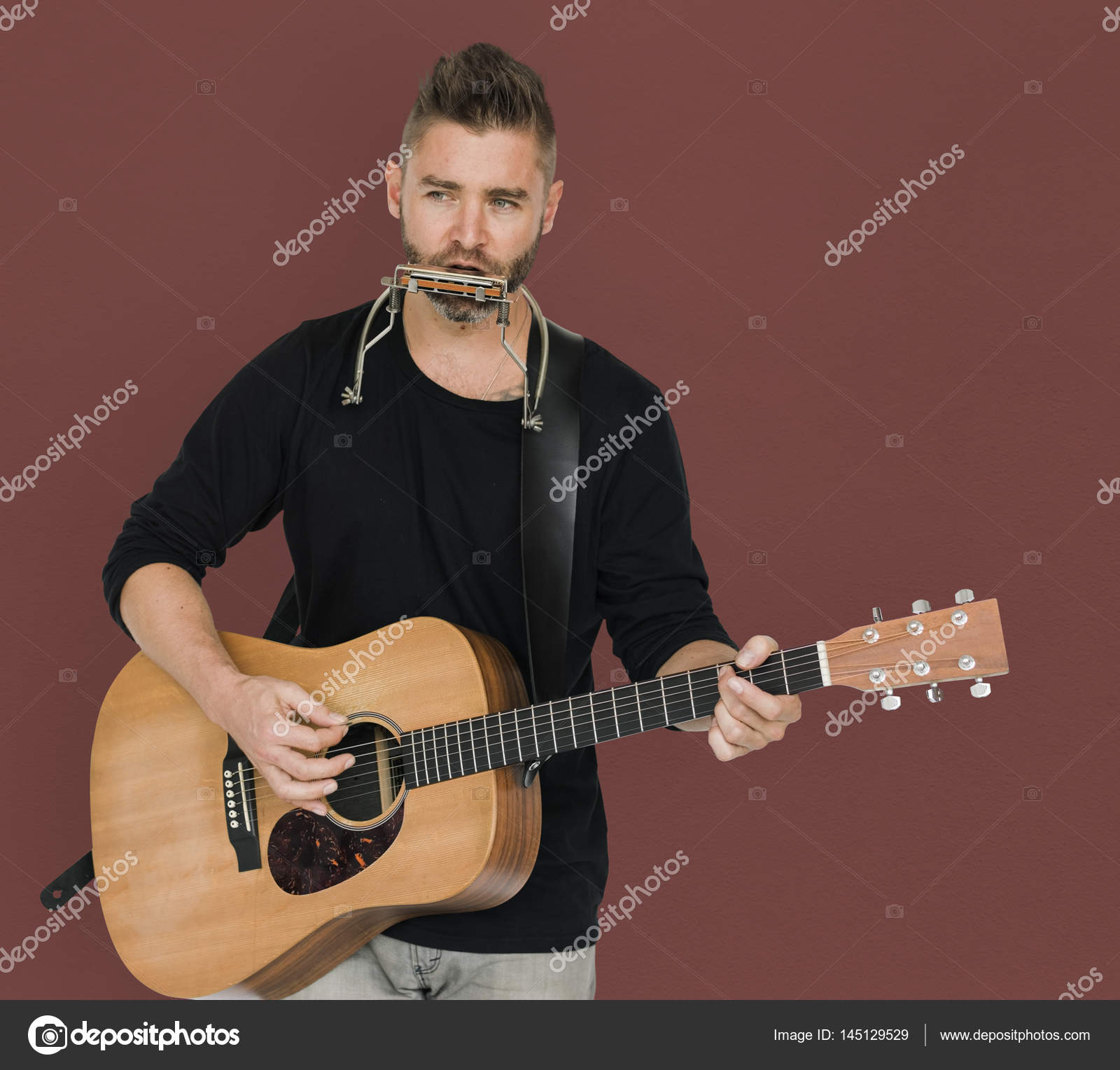 man Playing Guitar and Harmonica — Stock Photo © Rawpixel #145129529
