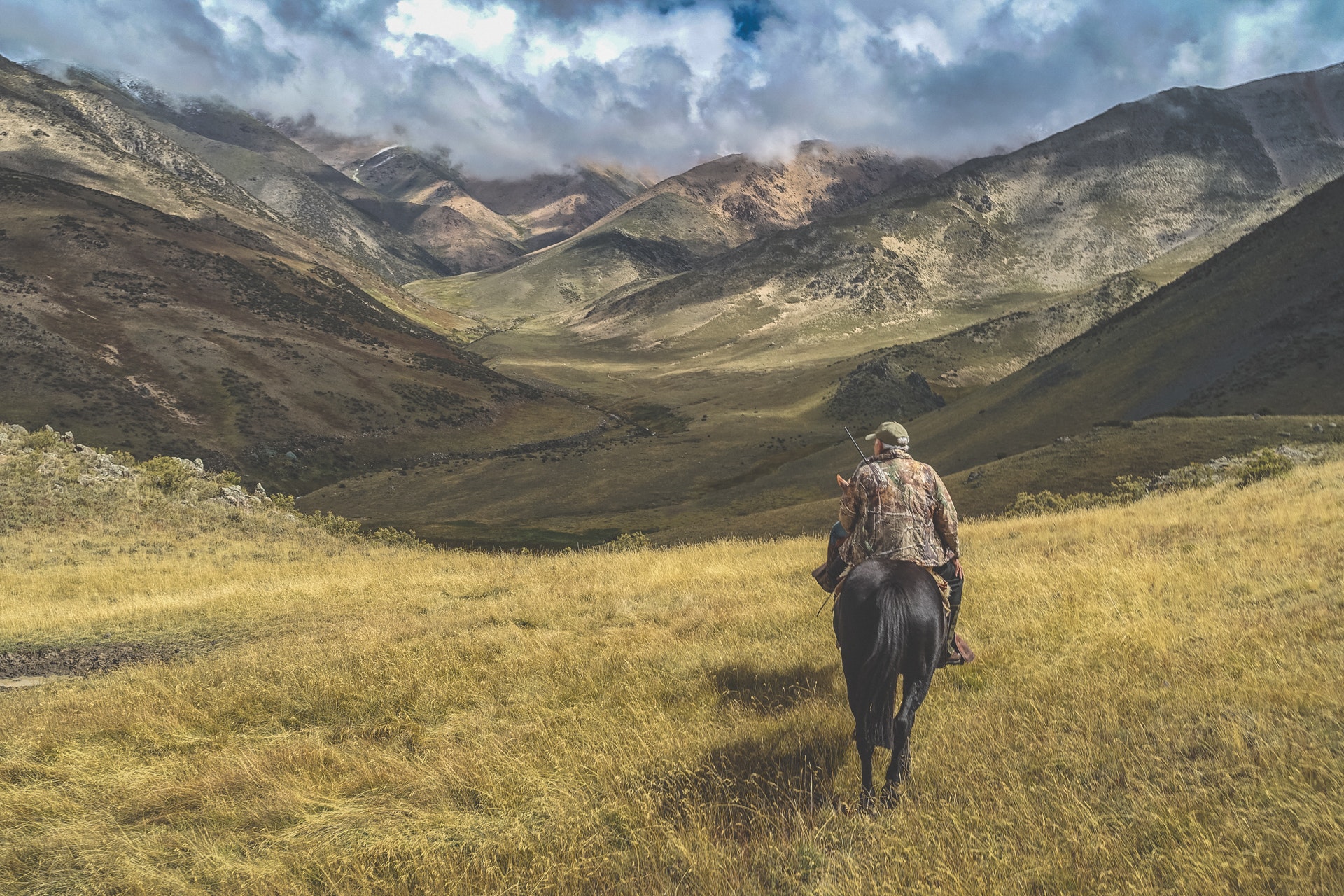 Man riding horse on grass near mountains photo