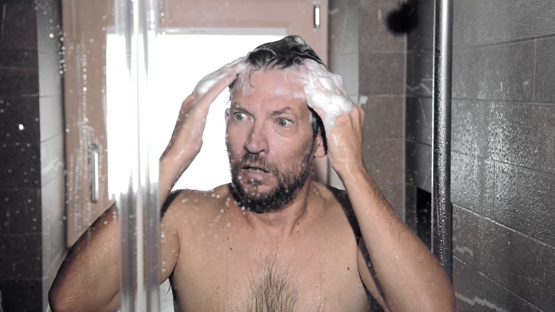 desperate funny man in shower screaming for lost hair Stock Video ...