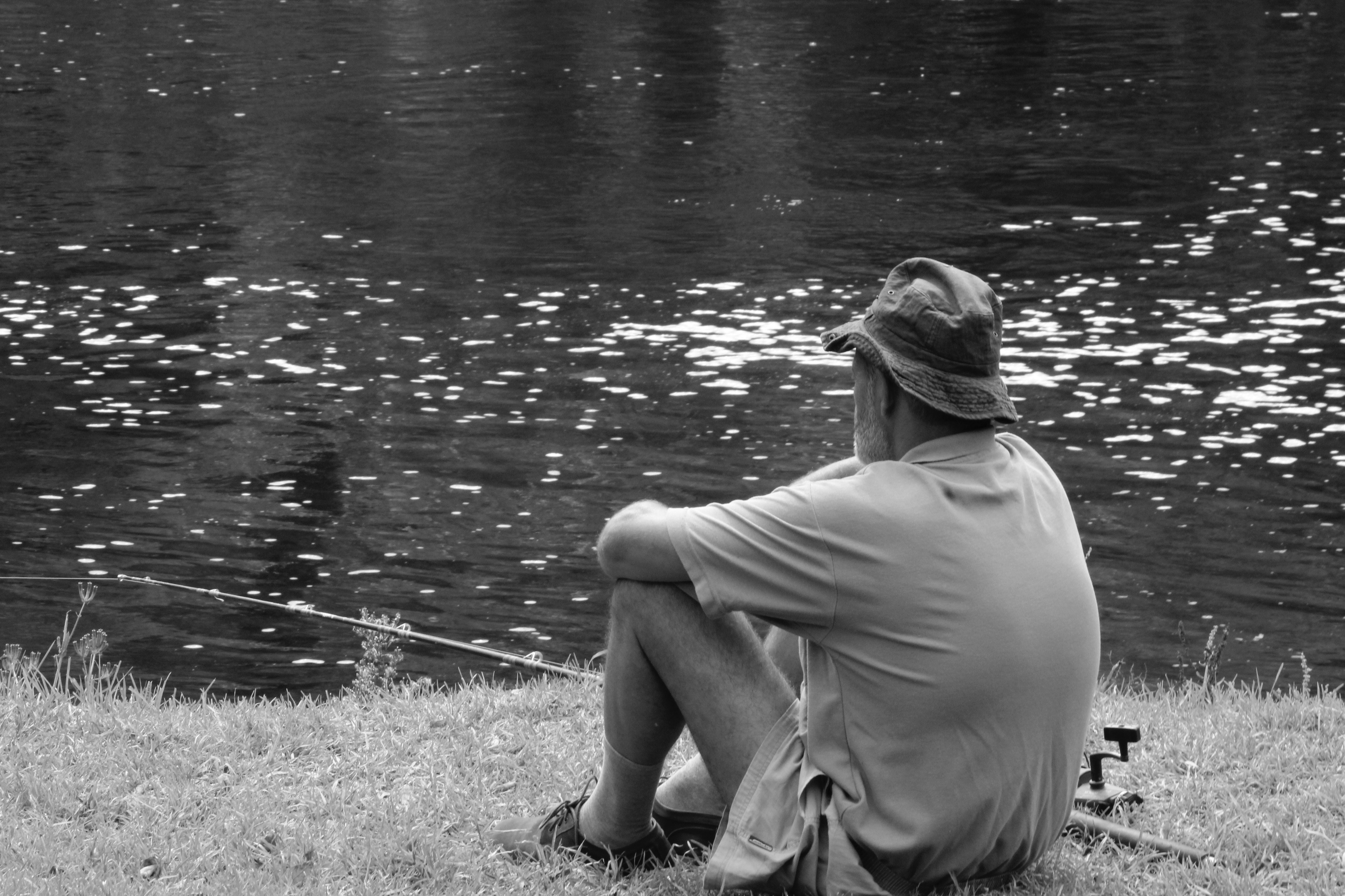 Man Sitting Facing Body Of Water, Black and white, Black-and-white, Fishing, Lake, HQ Photo