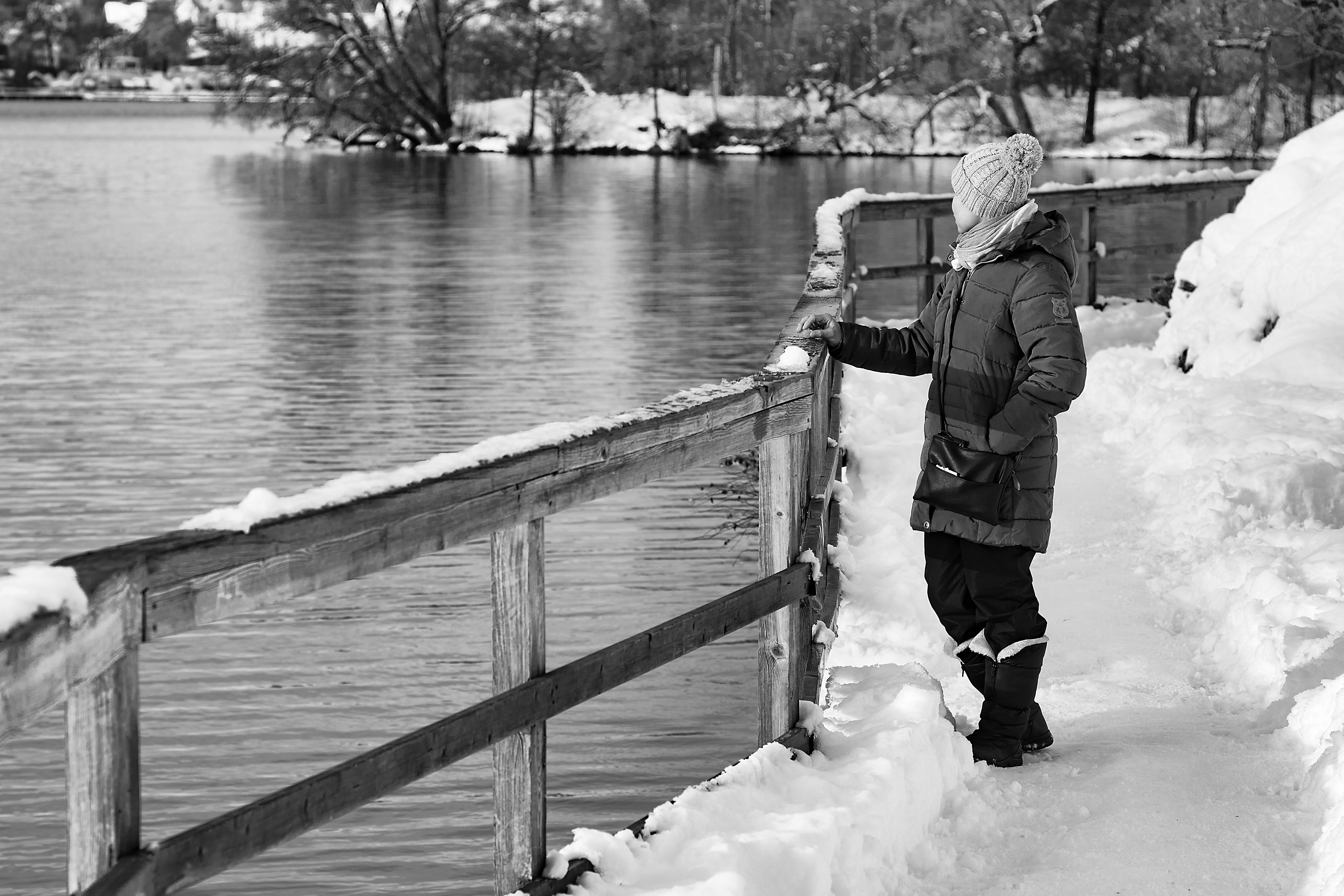 Man Standing on Riverbank, Unhappy, Season, Single, Snow, HQ Photo