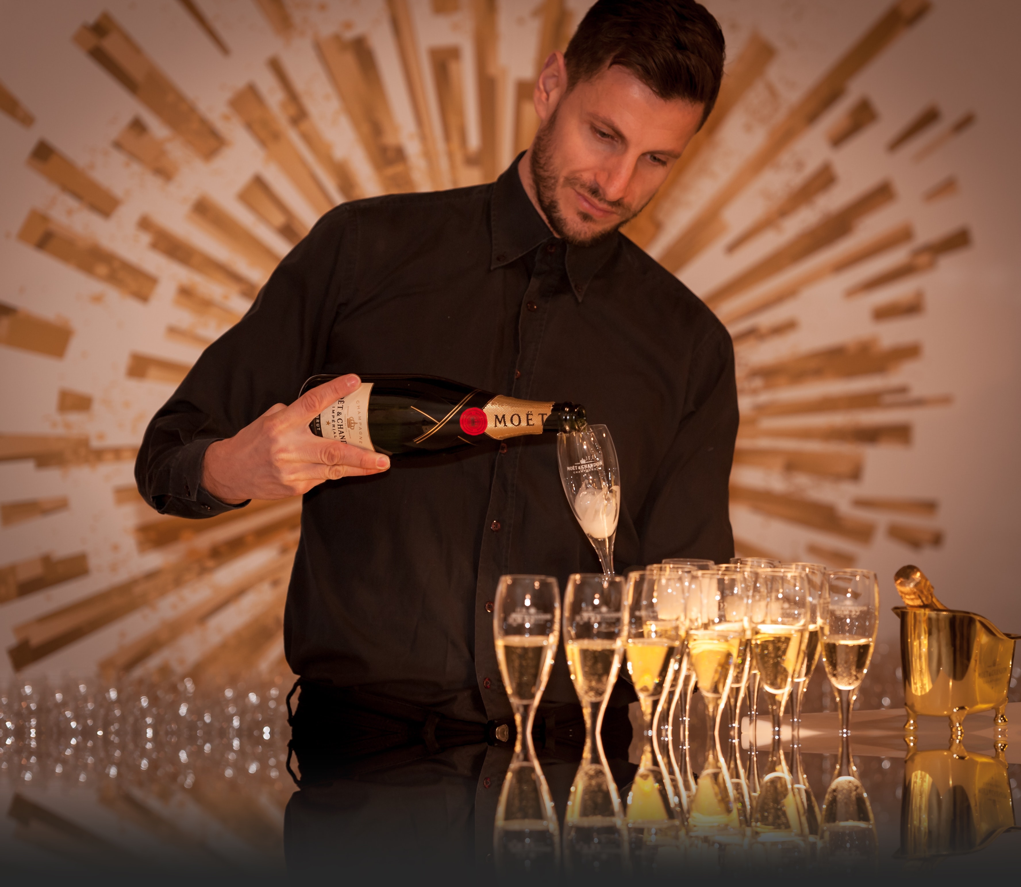 Man Wearing Black Dress Shirt Holding a Flute Glass and Black Wine Bottle, Bar, Barman, Bottle, Champagne, HQ Photo