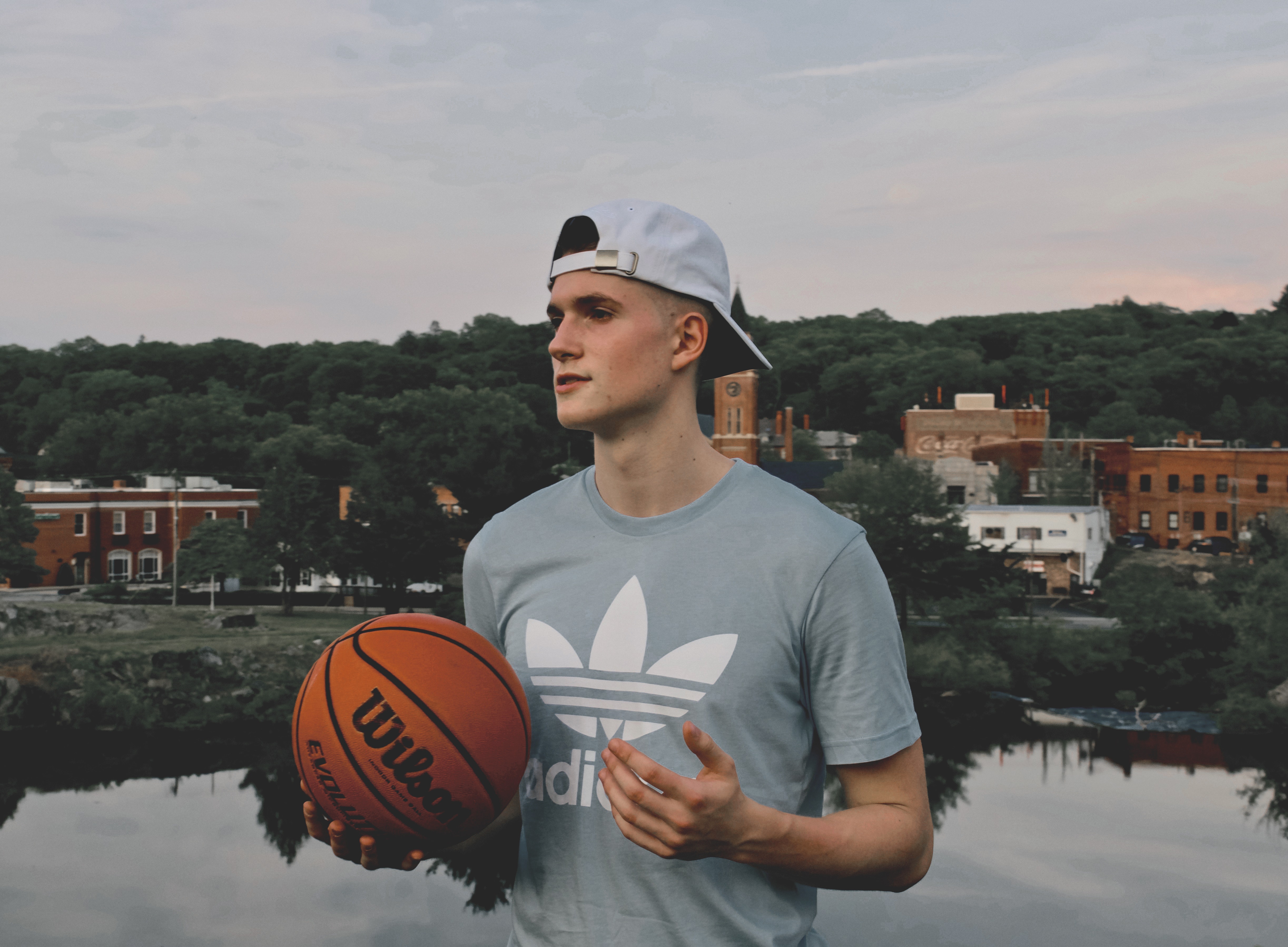 Man Wearing Gray Crew Neck Shirt Holding Basketball, Athlete, Outdoors, Water, View, HQ Photo