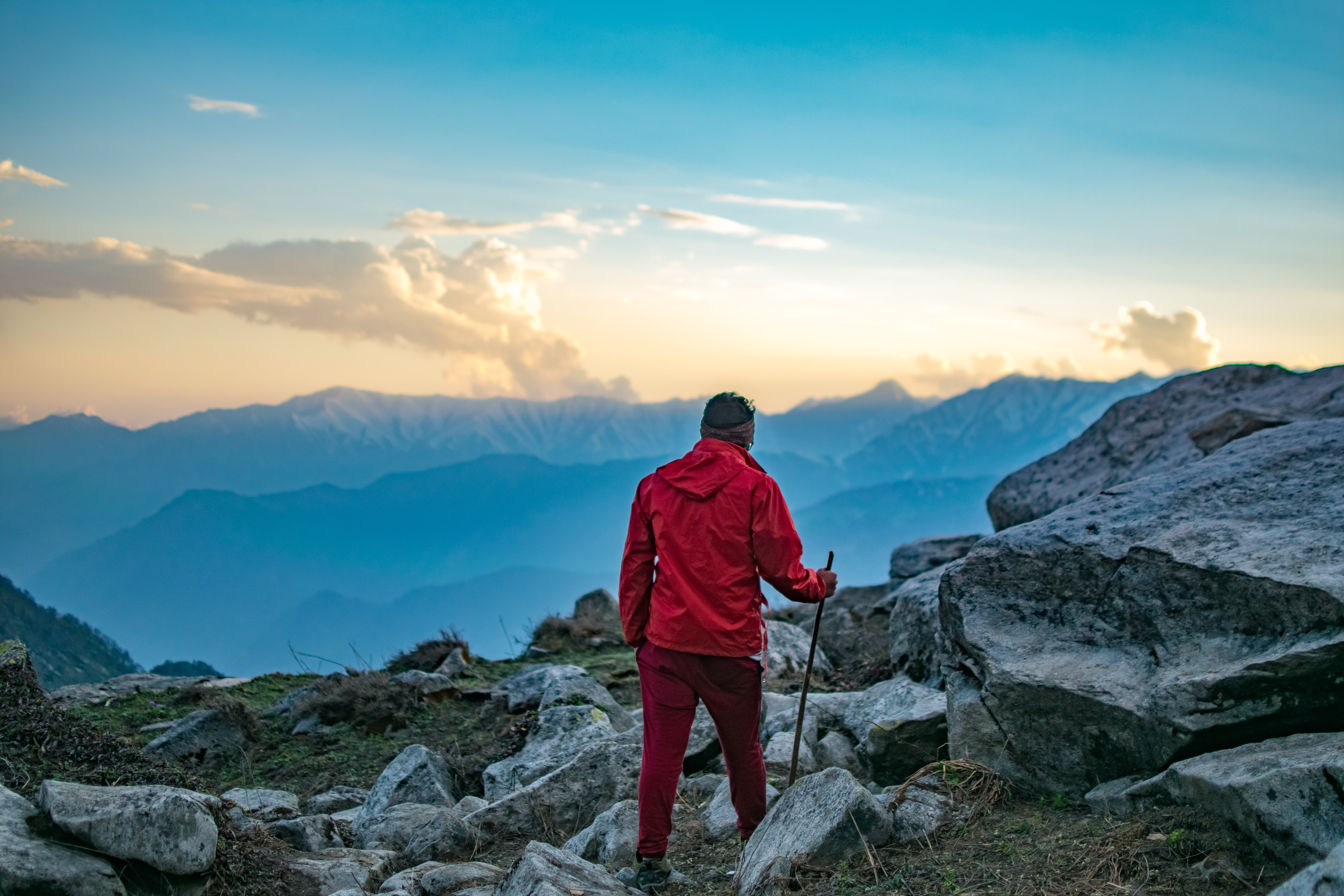Man Wearing Red Hooded Jacket and Red Pants While Holding Black Metal Stick, Adventure, Mountain climbing, Summit, Stick, HQ Photo