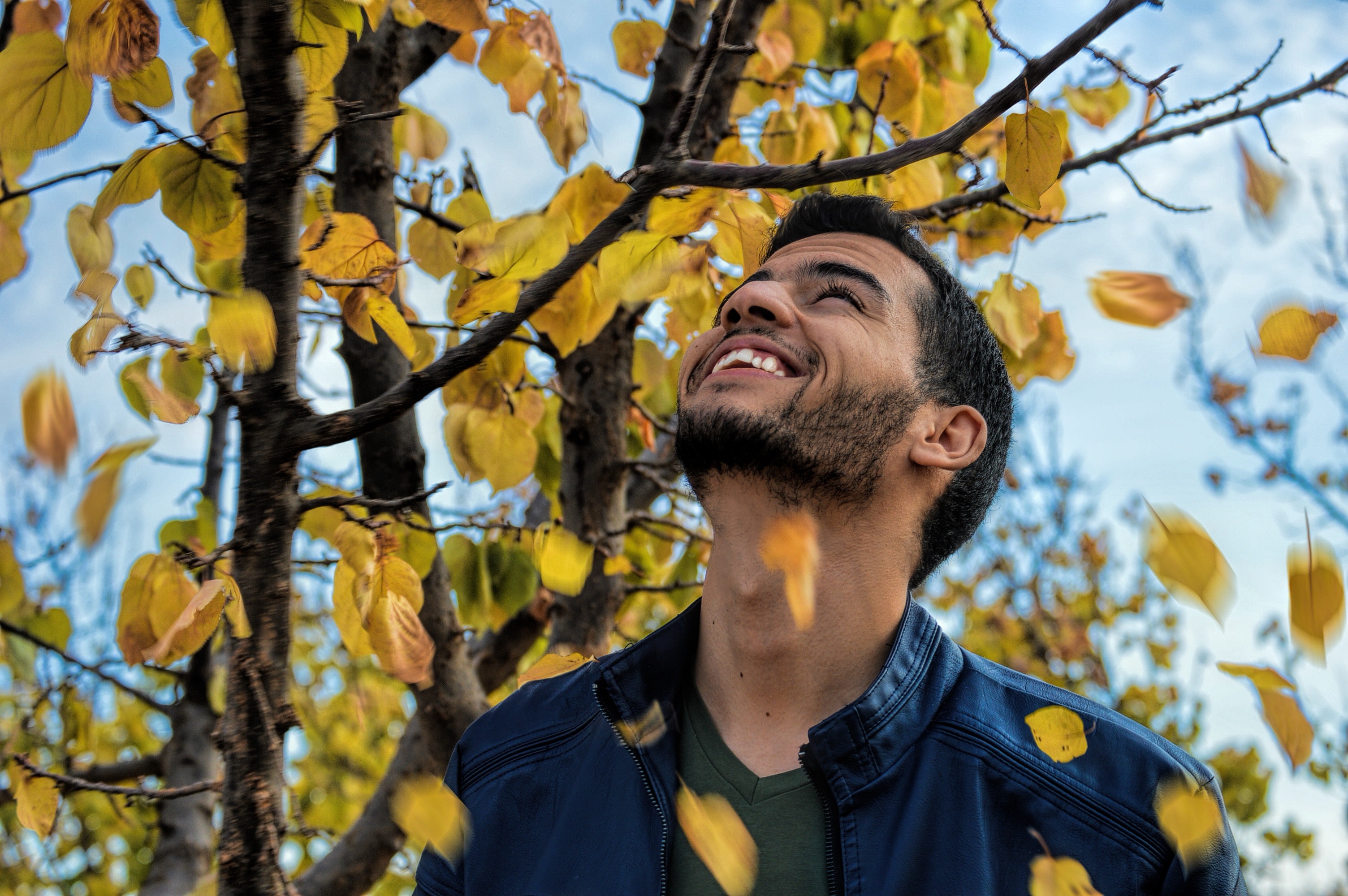 Man with blue denim zip-up jacket near yellow leaf tree photo
