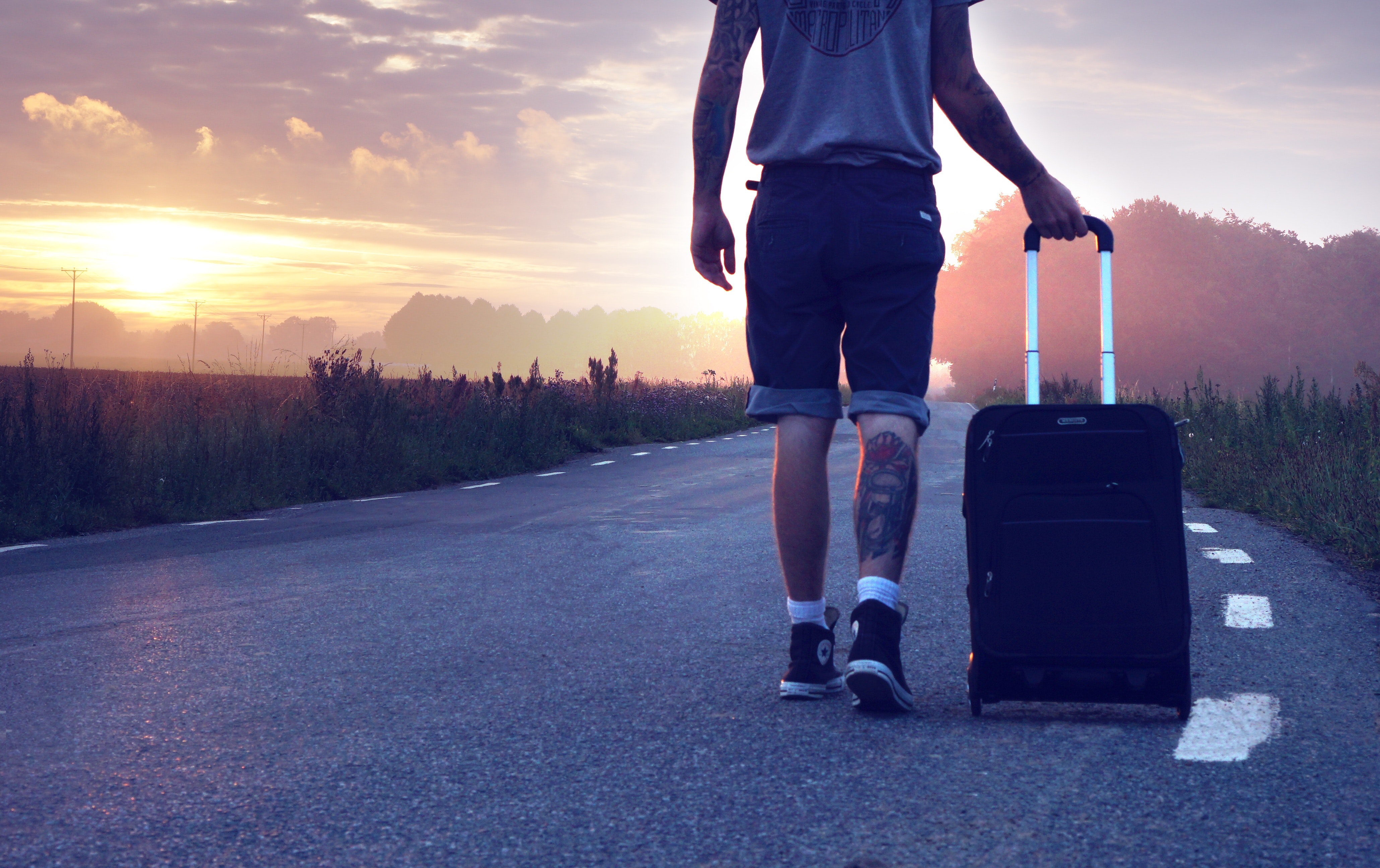 Man With Luggage on Road during Sunset, Person, Wander, Trip, Tree, HQ Photo