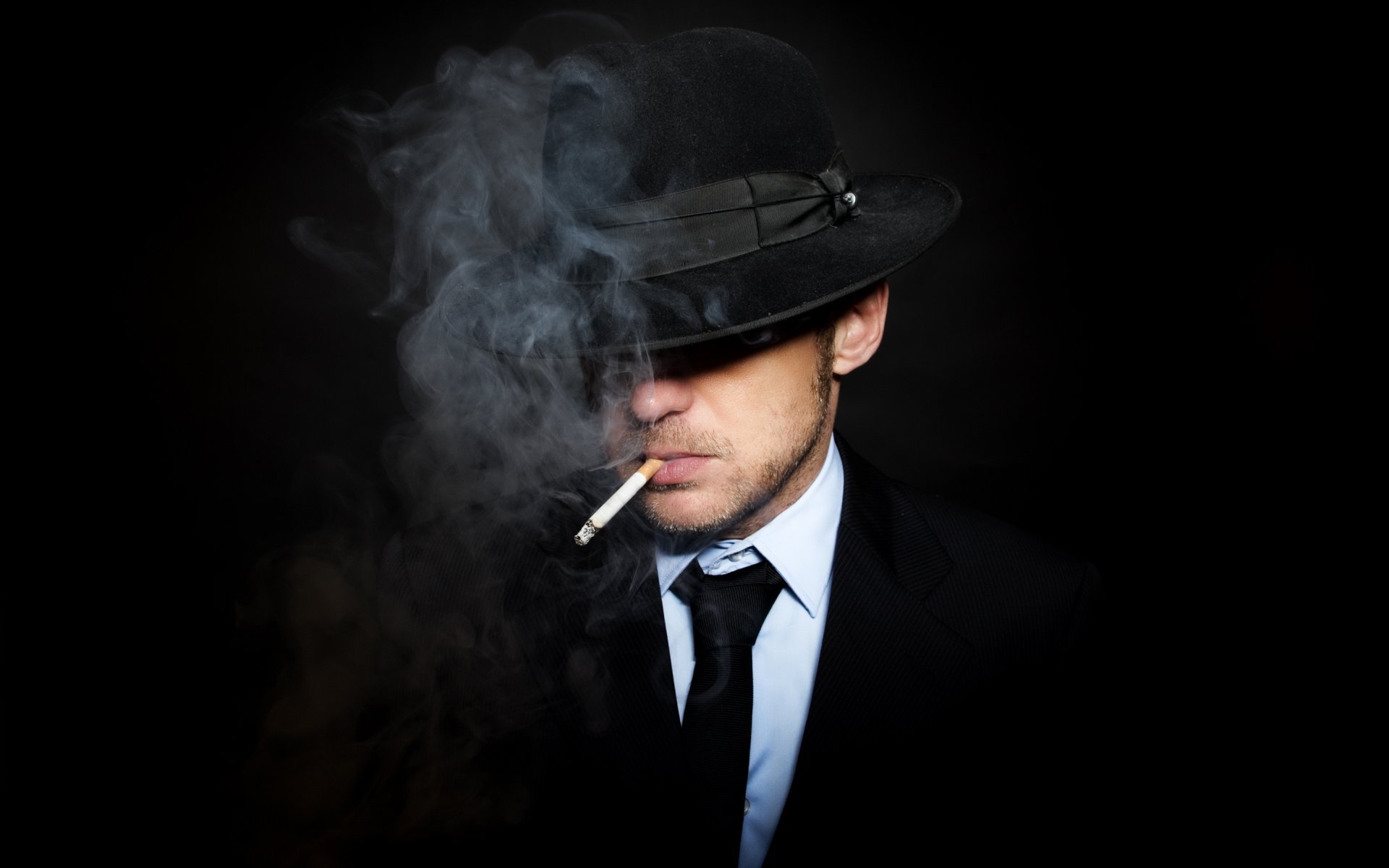 men suit necktie hat cigarette smoke man tie black background ...