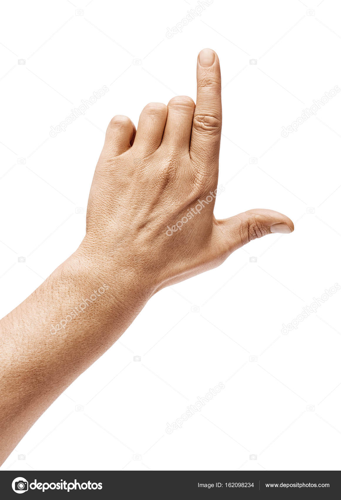 Man's hand pointing to something isolated on white background ...