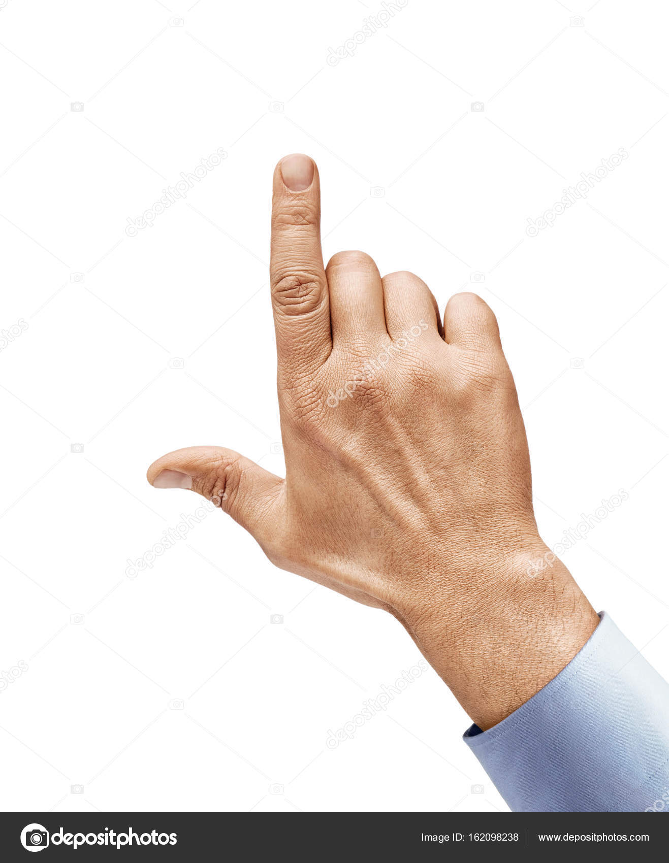 Man's hand in a shirt touching or pointing to something isolated on ...