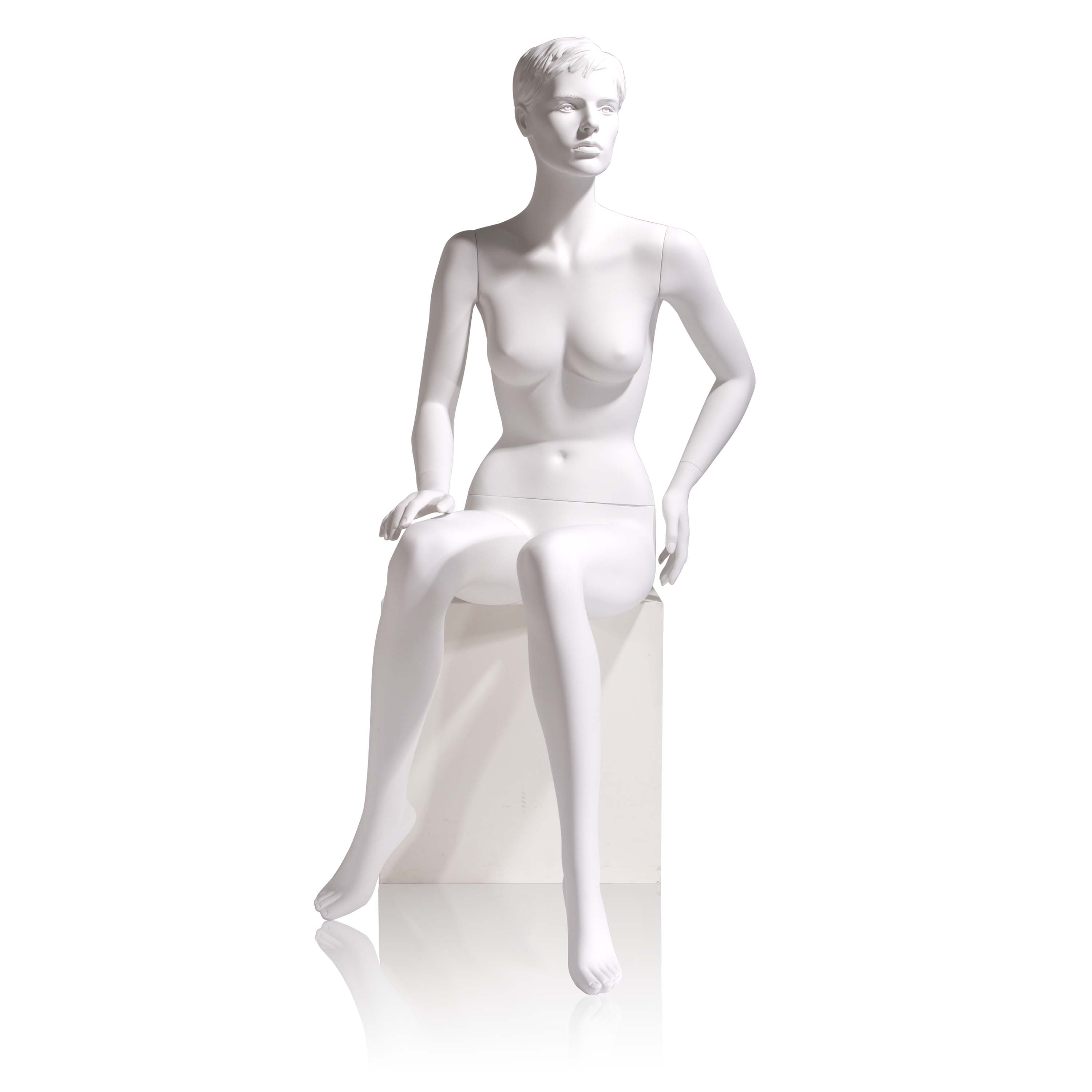 White Female Sitting Mannequin with Molded Face & Hair