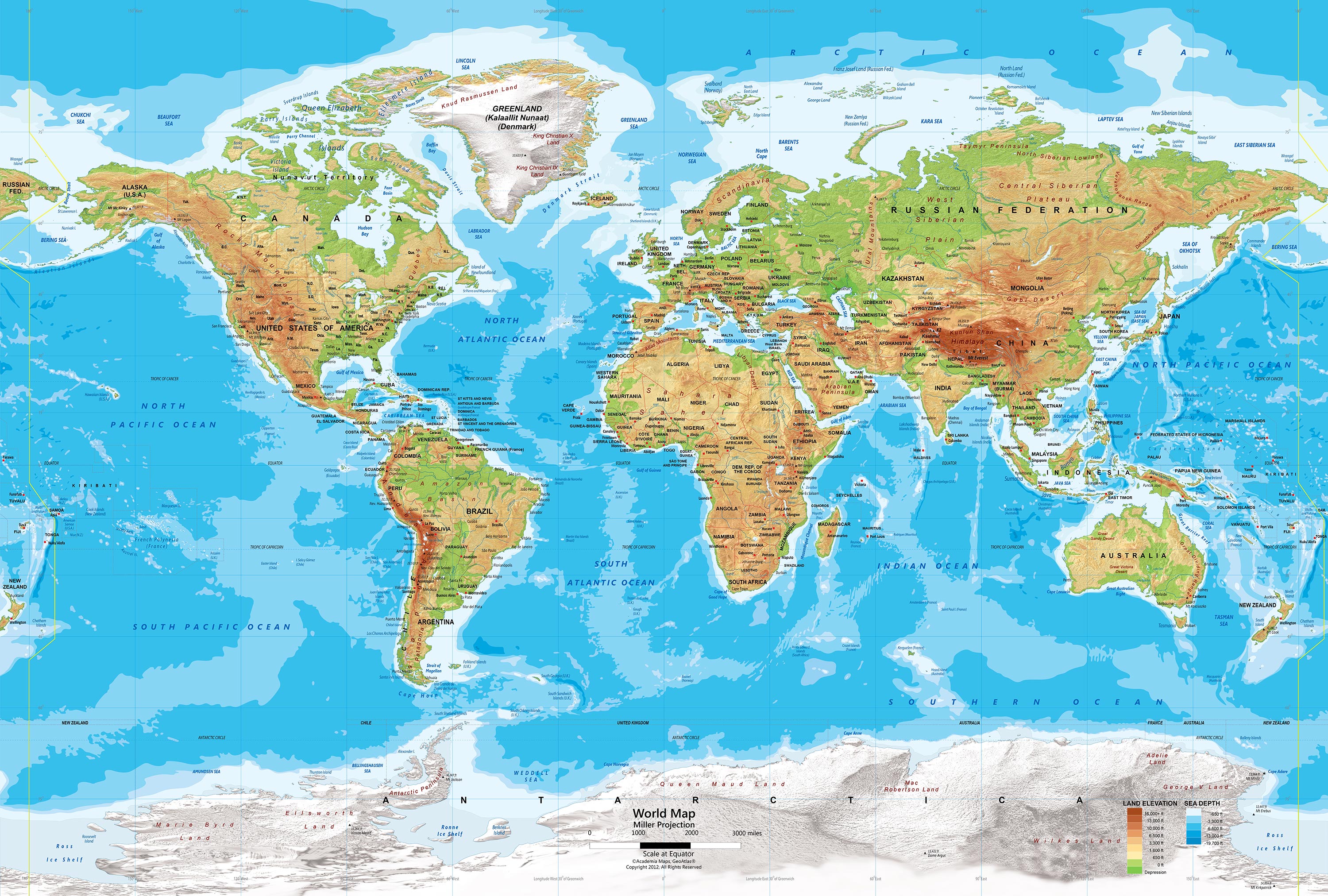 Physical World Map Wall Mural - Miller Projection