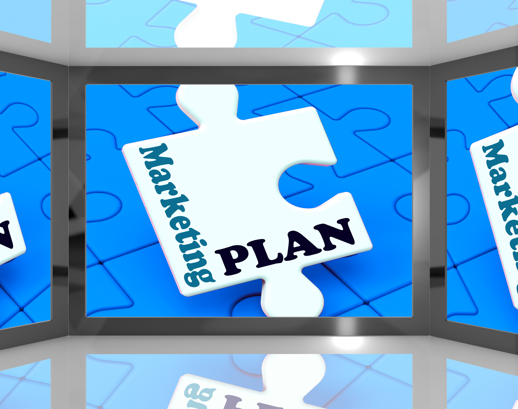 Marketing plan on screen shows marketing strategies photo