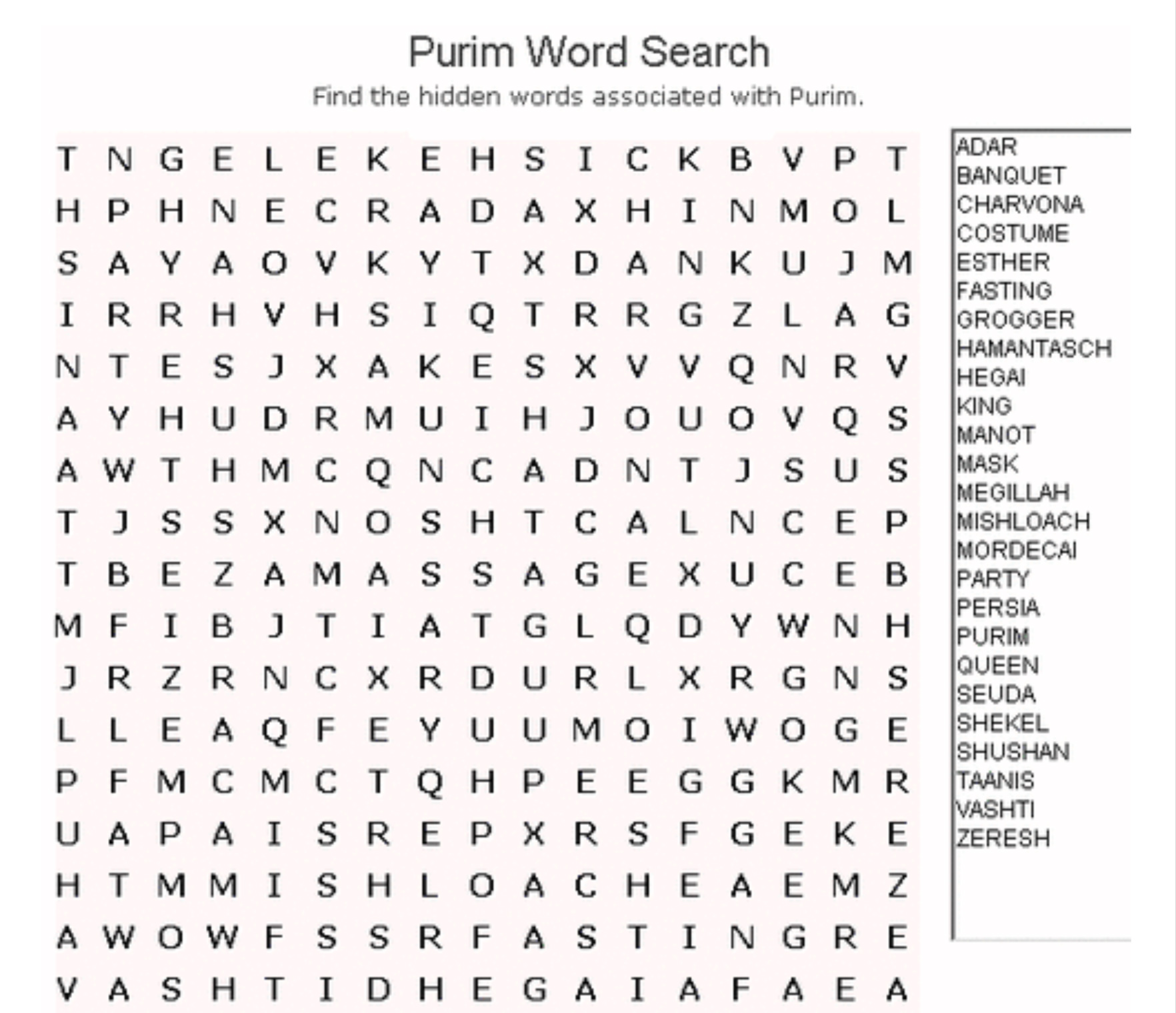 Purim Word Search | Northern News