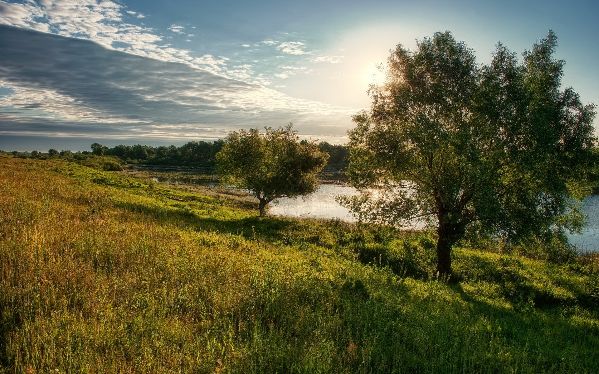 Meadow River Trees Clouds Sun wallpapers | Meadow River Trees Clouds ...