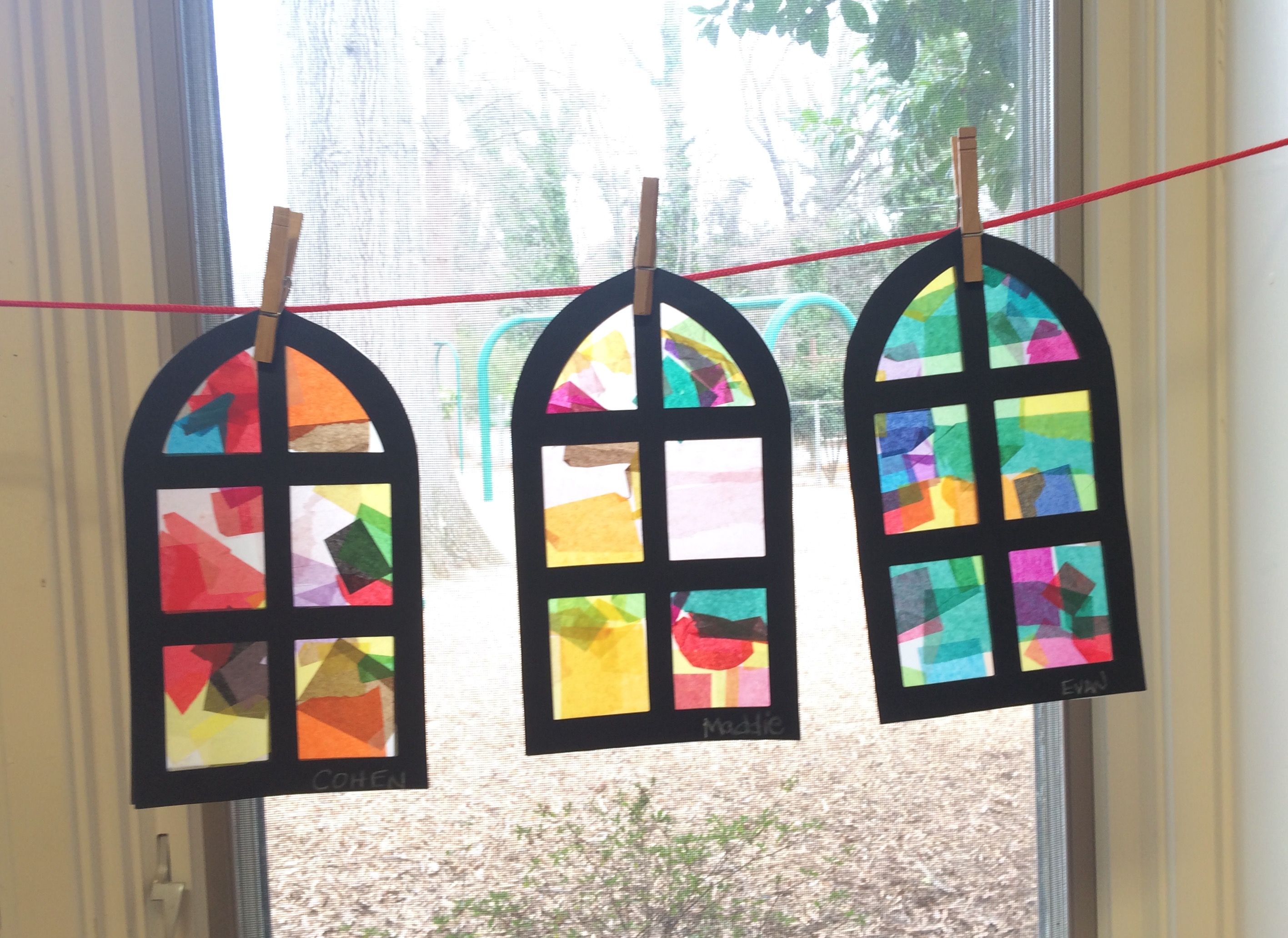Stain glass church window craft. Used colored tissue paper on sticky ...
