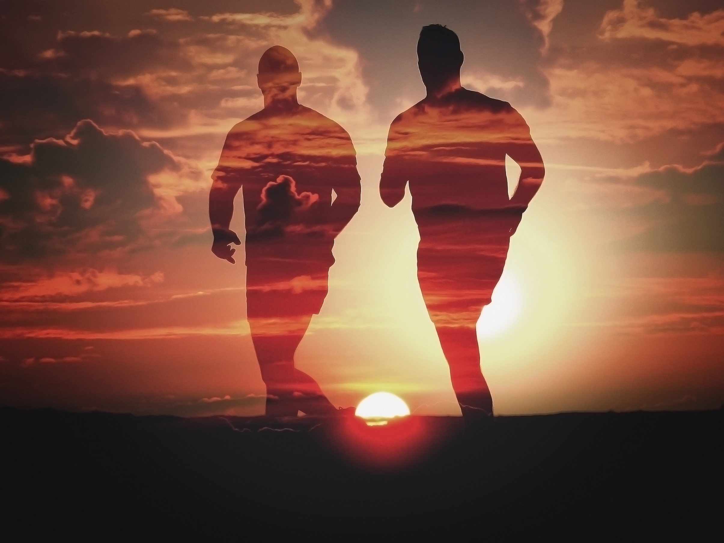 Men Running at Sunset - Double Exposure Effect, Person, Run, Road, Relaxation, HQ Photo