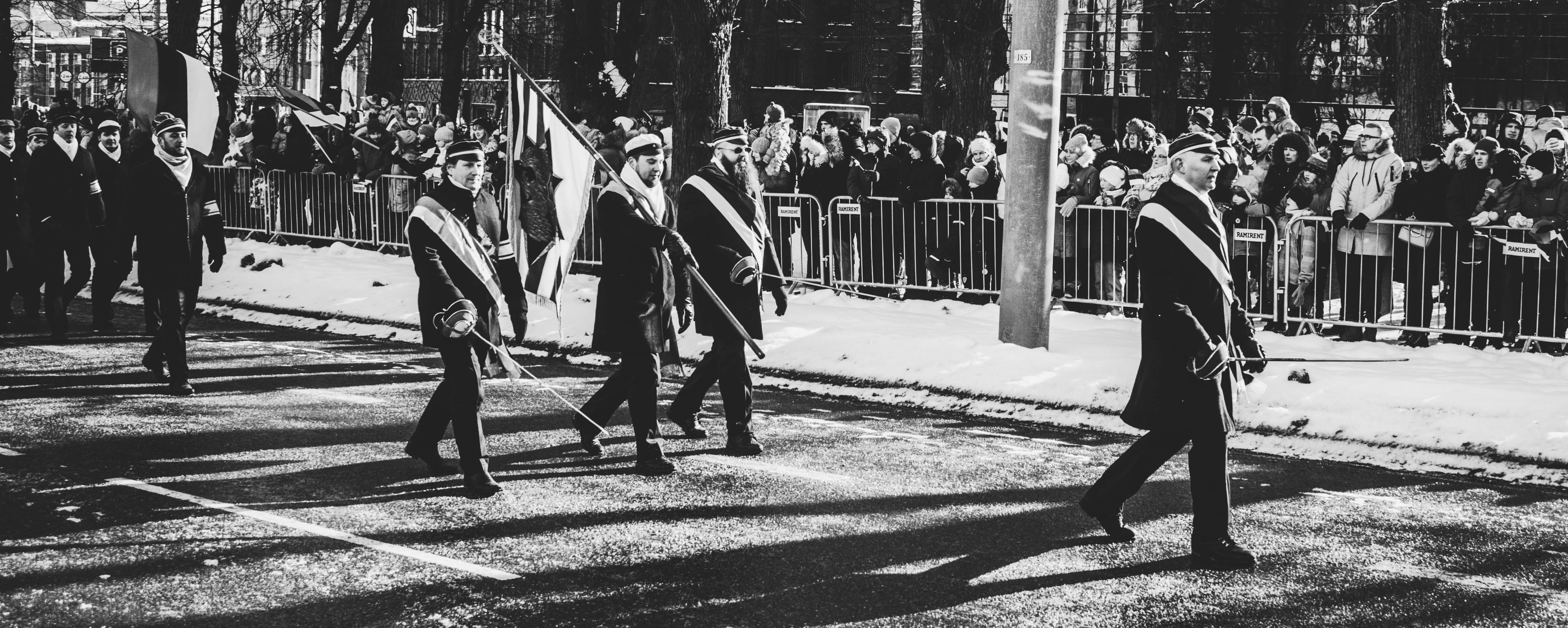 Men Walking on Streets Carrying Flag during Parade In Grayscale Photo, Administration, Adult, Black-and-white, Crowd, HQ Photo