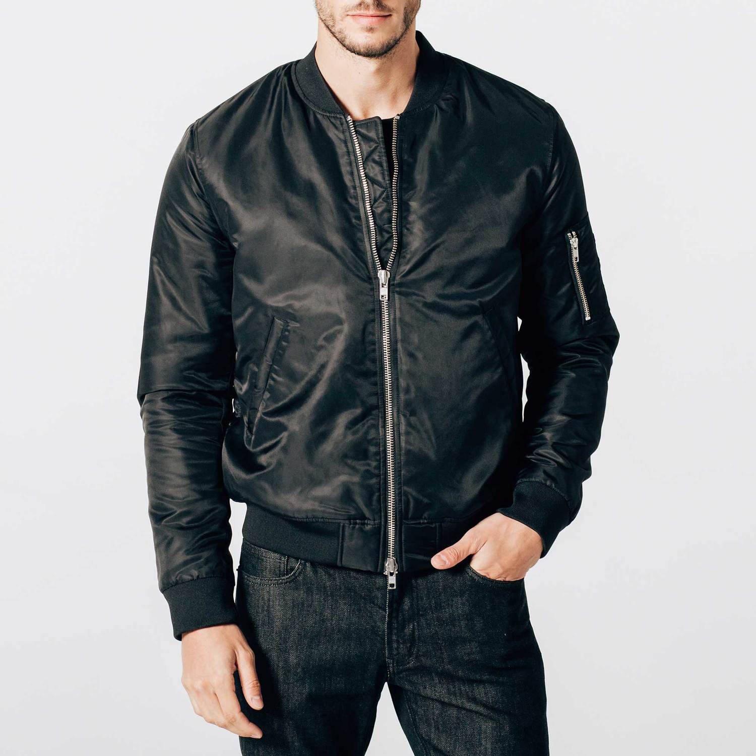 Mens Nylon Bomber Jacket With Silver Zippers In Black $135 | DSTLD