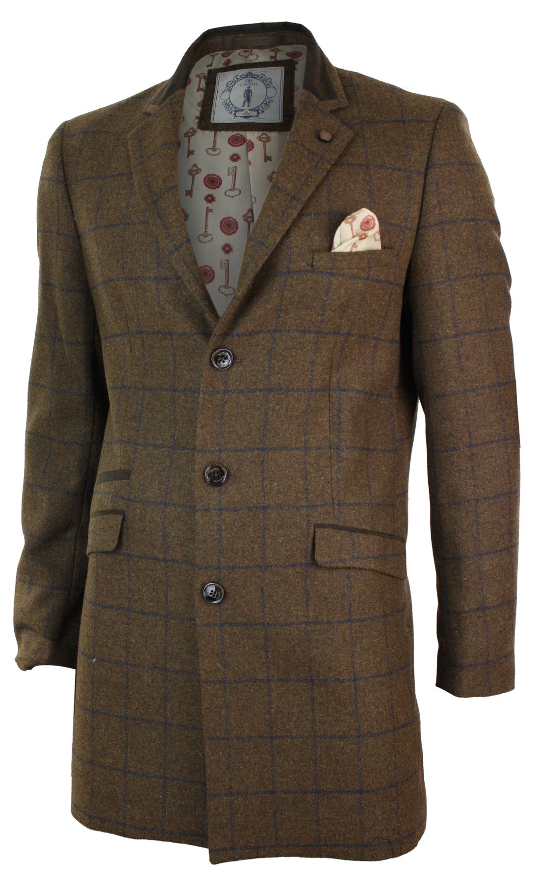 Mens 3/4 Long Grey Brown Check Wool Herringbone Tweed Crombi Coat ...