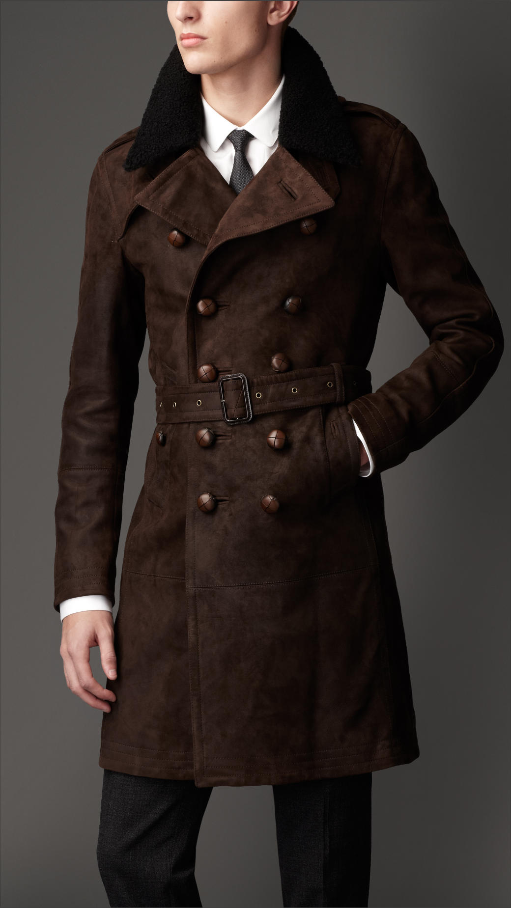 Men's Brown Mid-Length Shearling Collar Suede Trench Coat | Suede ...