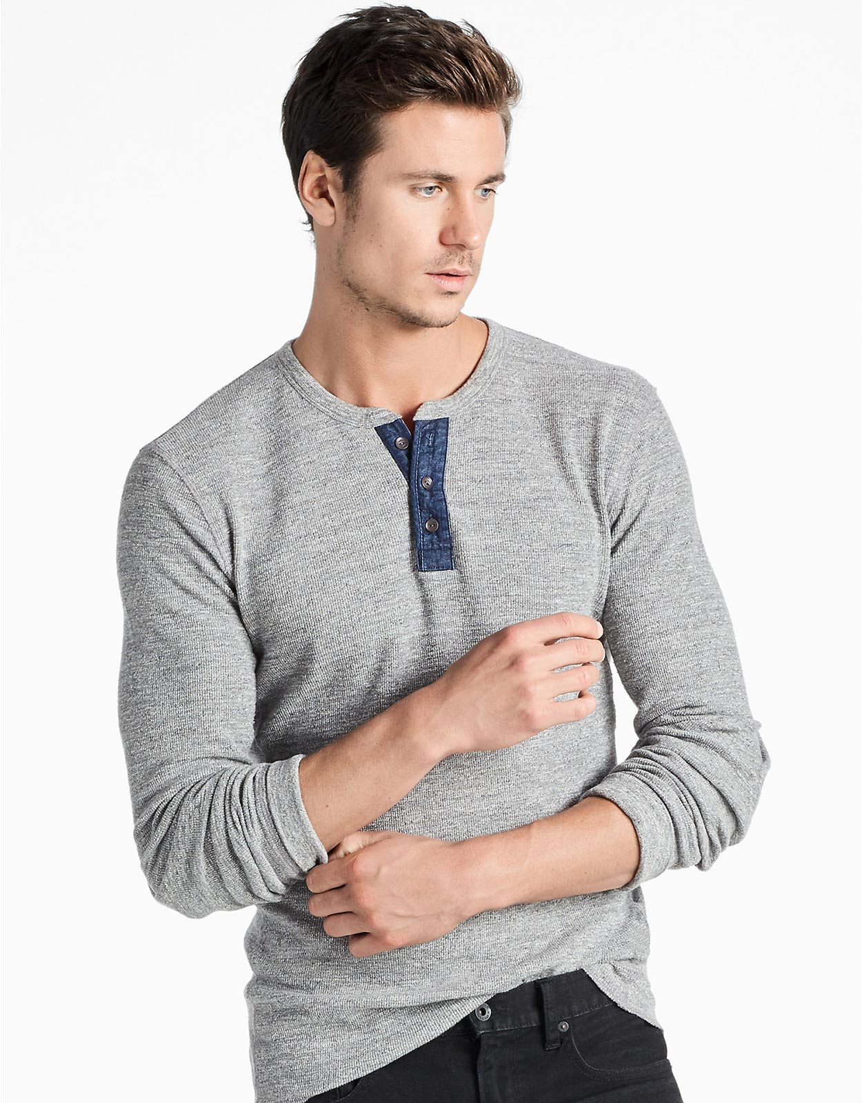 Lucky Brand Men's Long Sleeve Heathered Thermal Button Henley Shirt-Grey