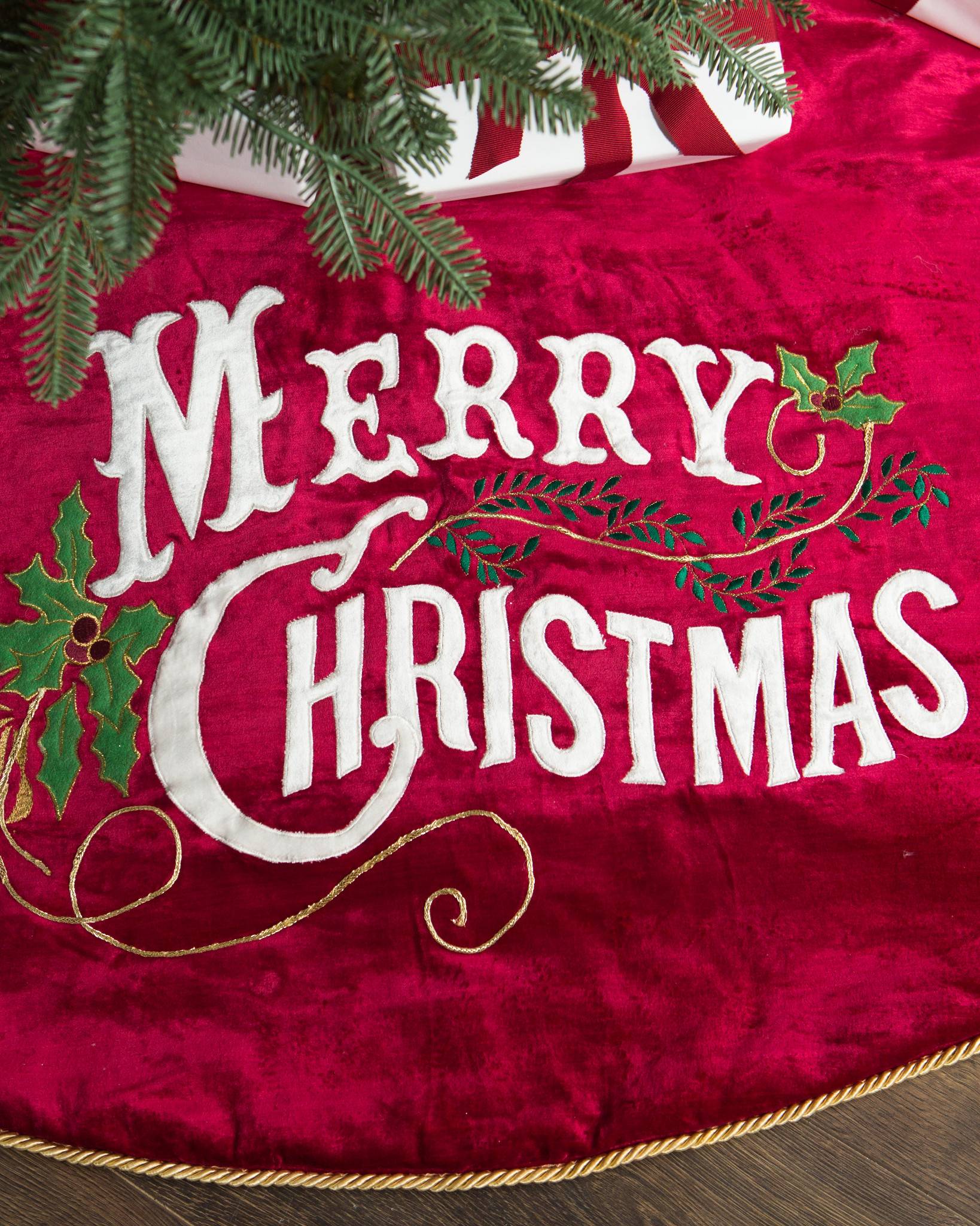 Vintage Merry Christmas Velvet Tree Skirt and Santa Bag | Balsam Hill