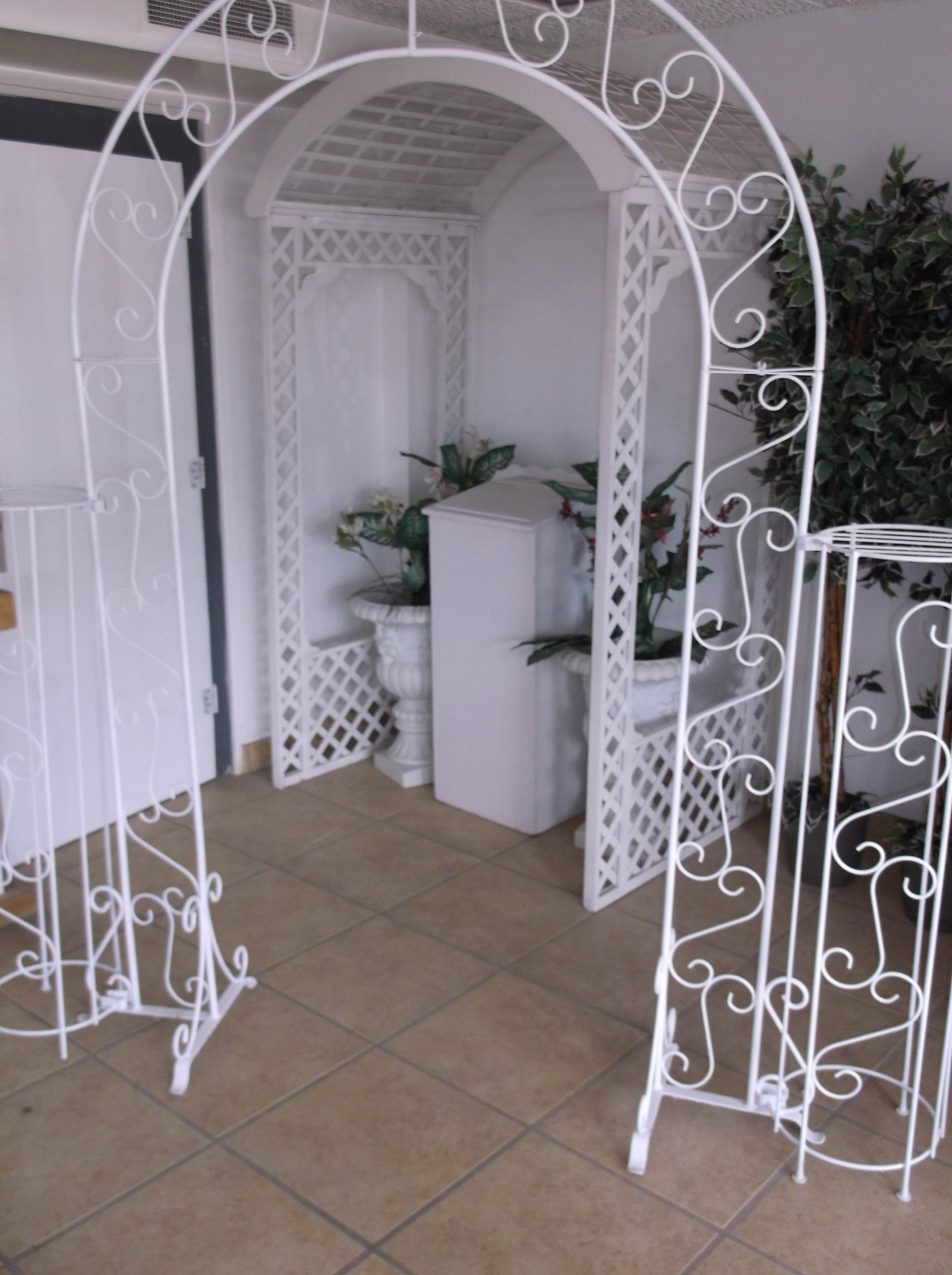 Arch, White Metal with Plant Stands - Tye-One-J Rentals