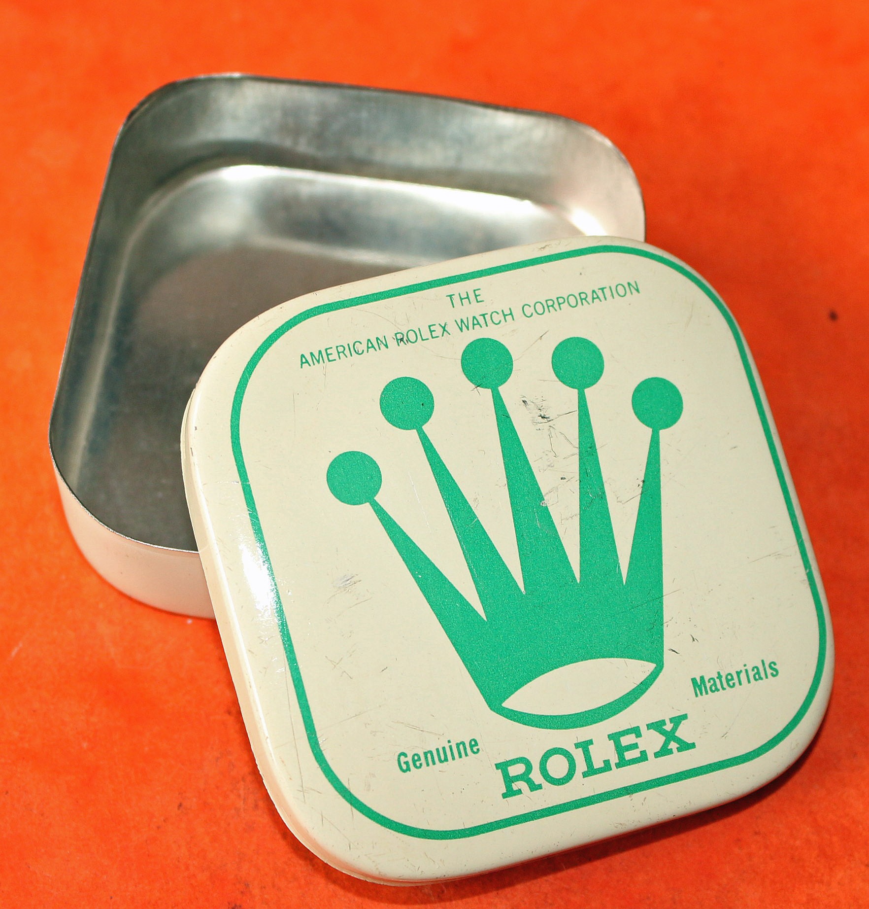 Vintage 50's Rolex Big logo Watch Part White & green Tin Box Display ...