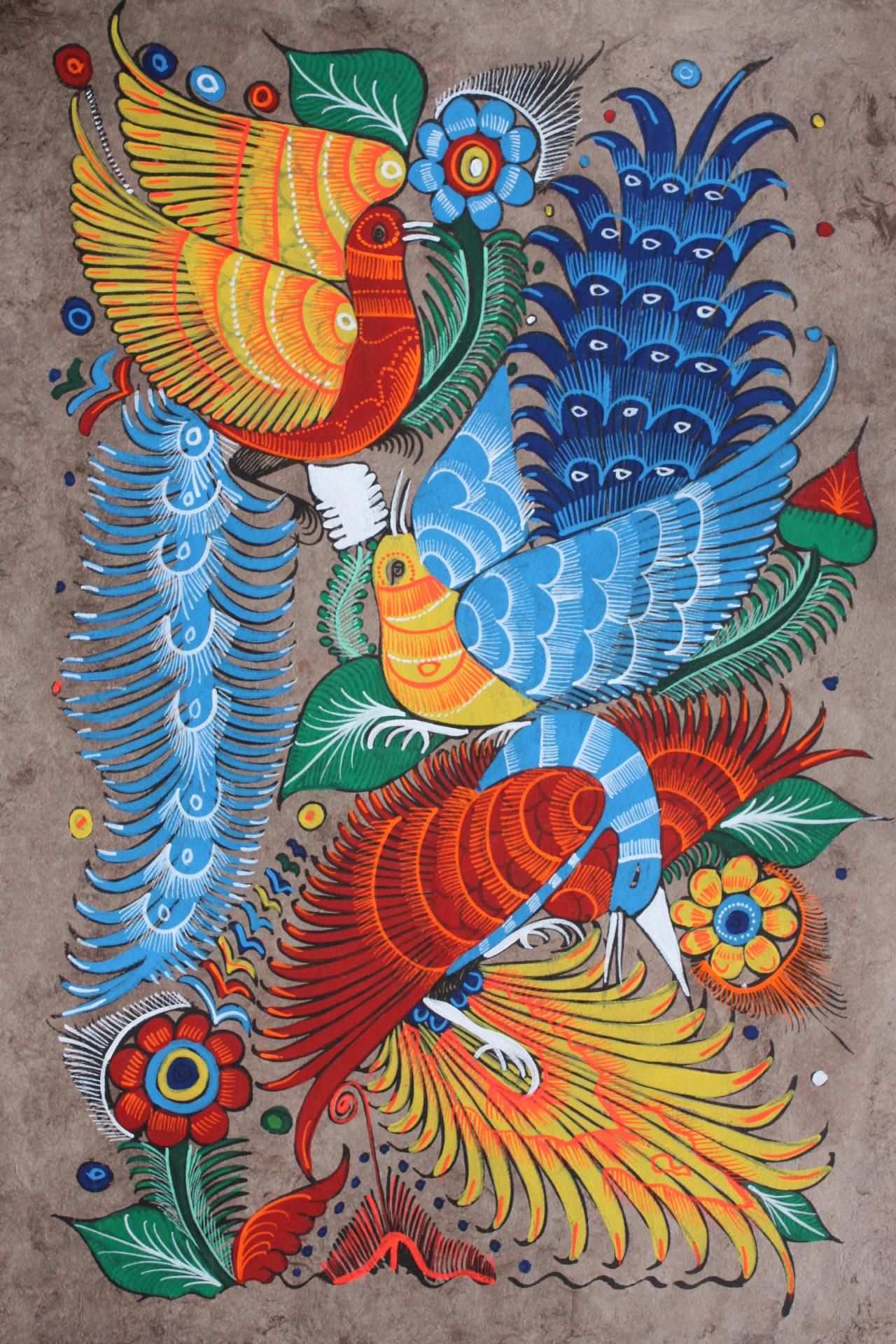MEXICAN PAINTING OF BIRDS & FLOWERS LATIN FOLK ART CRAFT HOME DECOR ...