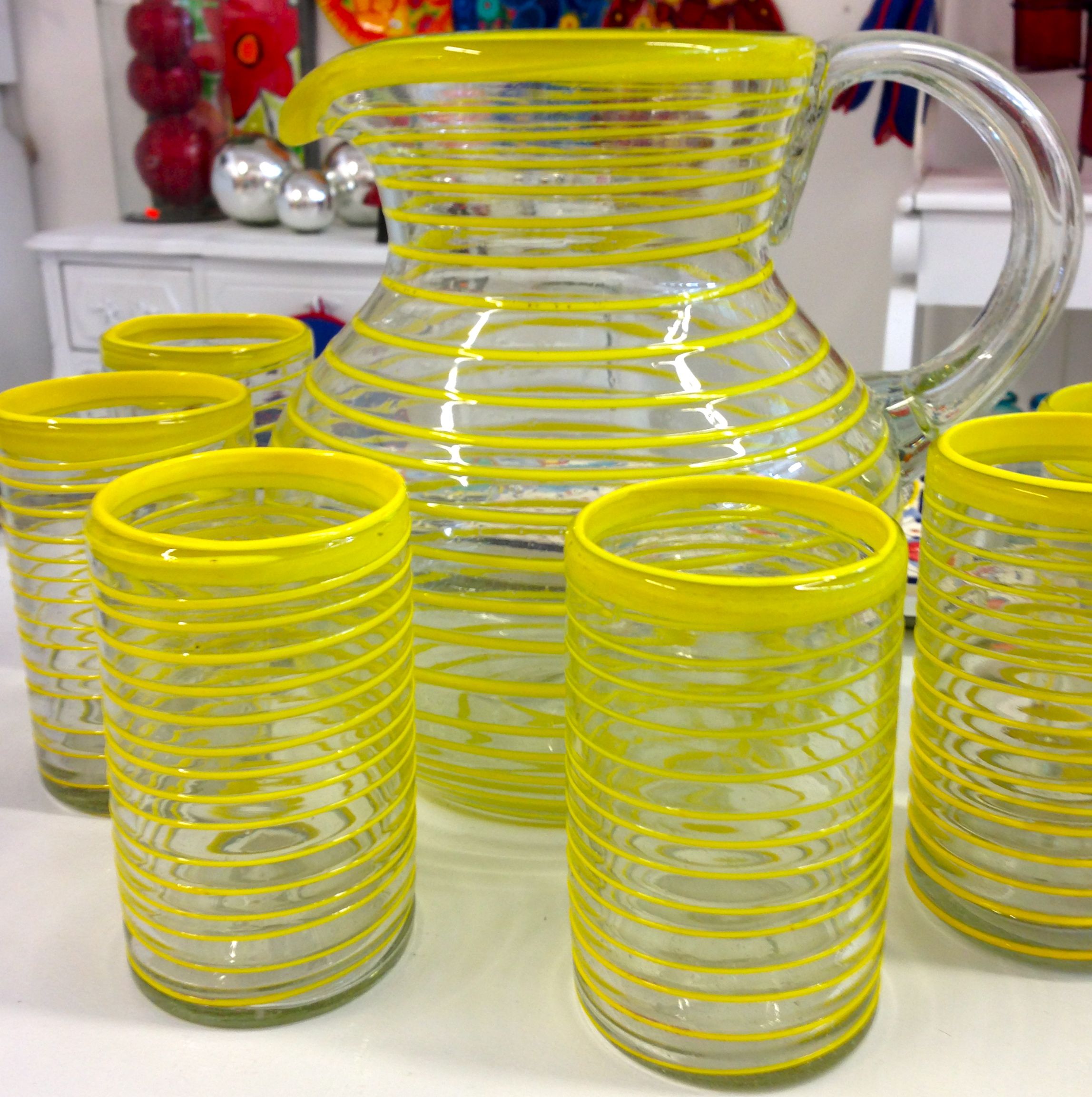 Pitcher Yellow Spirals Blown Glass. Mexican Craft! | Kitchen ...