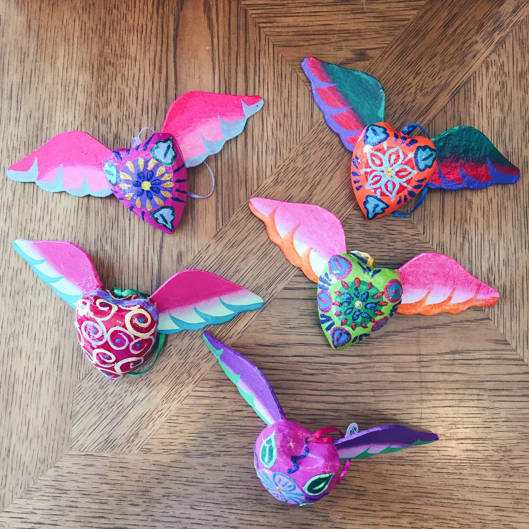 Colorful Hand-painted Paper Mache Heart with Wings Holiday Ornaments ...